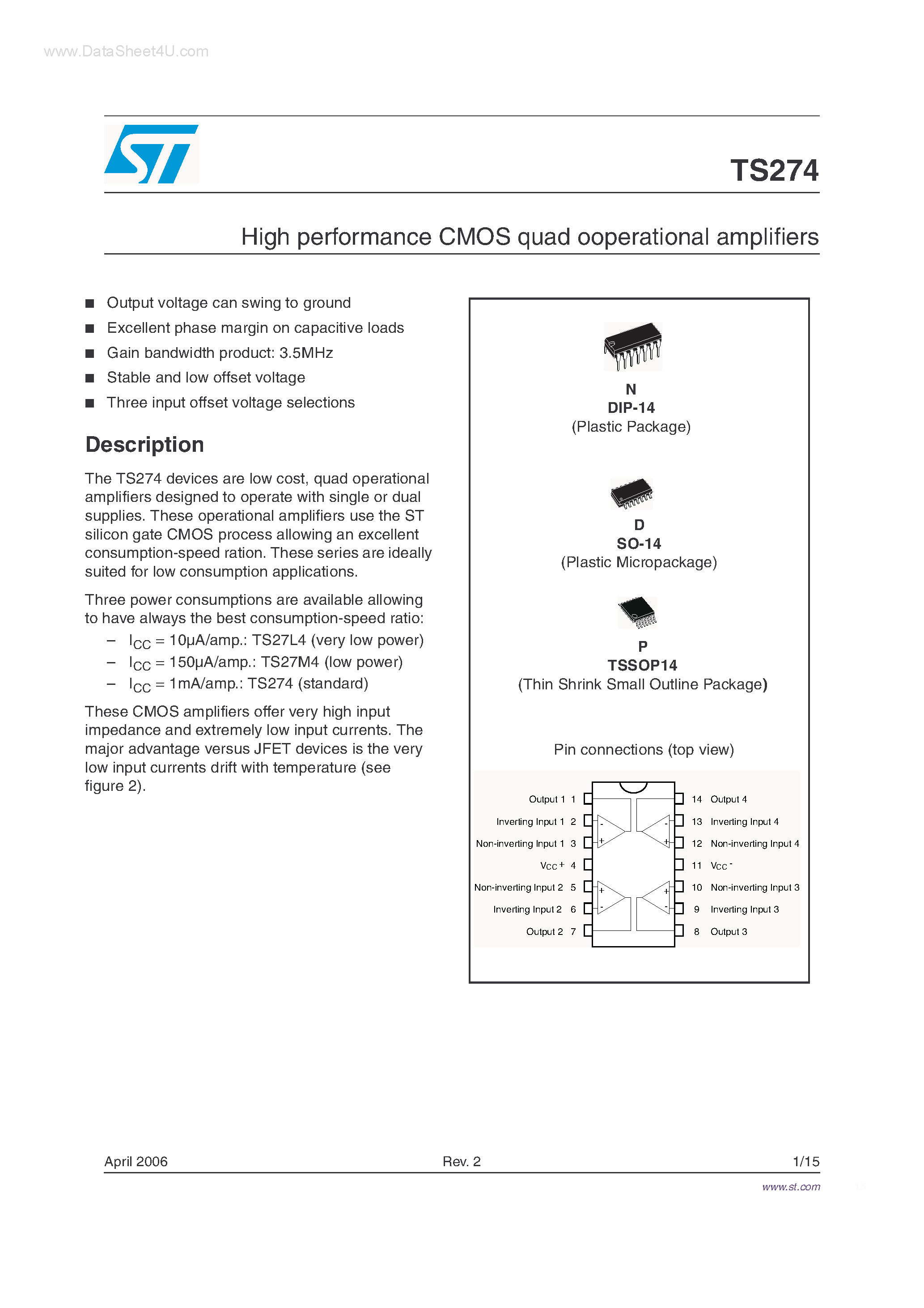 Datasheet TS274 - HIGH SPEED CMOS QUAD OPERATIONAL AMPLIFIERS page 1