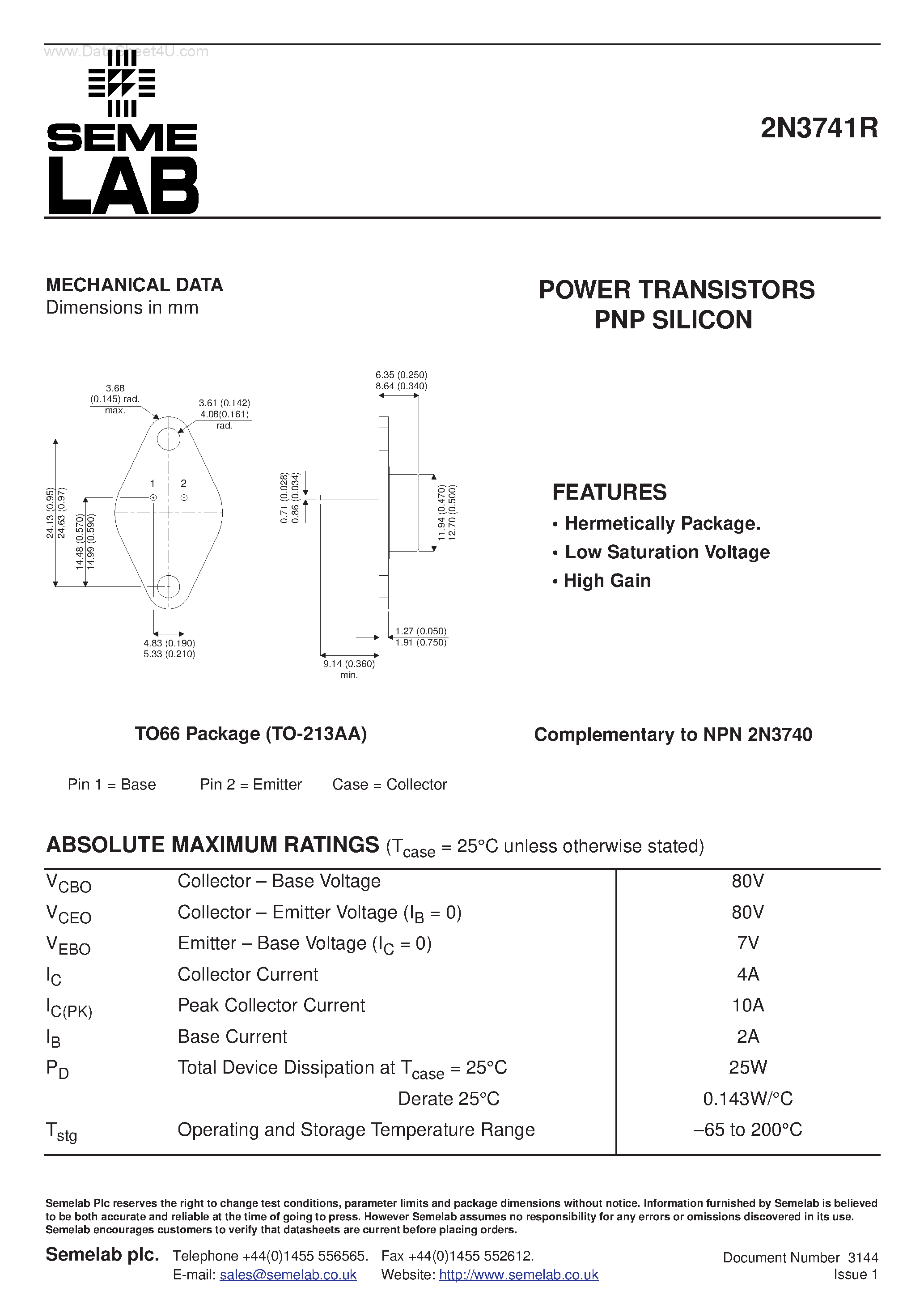 Datasheet 2N3741R - POWER TRANSISTORS PNP SILICON page 1