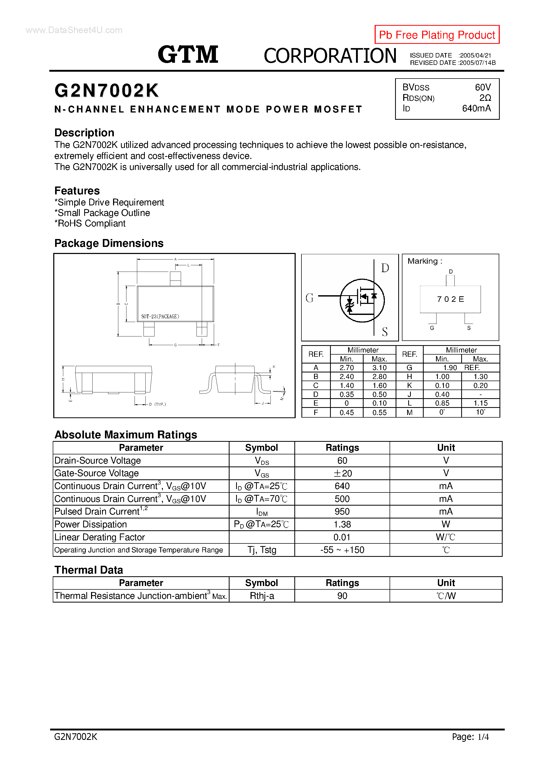 Даташит G2N7002K - N-CHANNEL ENHANCEMENT MODE POWER MOSFET страница 1