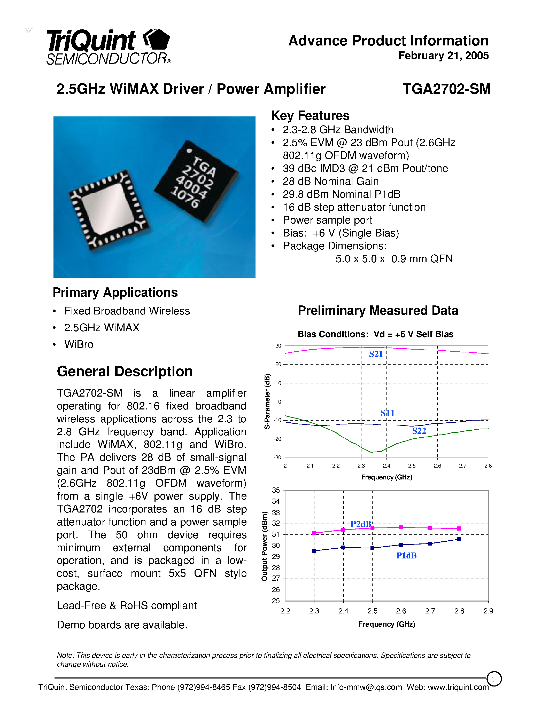 Даташит TGA2702-SM - 2.5GHz WiMAX Driver / Power Amplifier страница 1