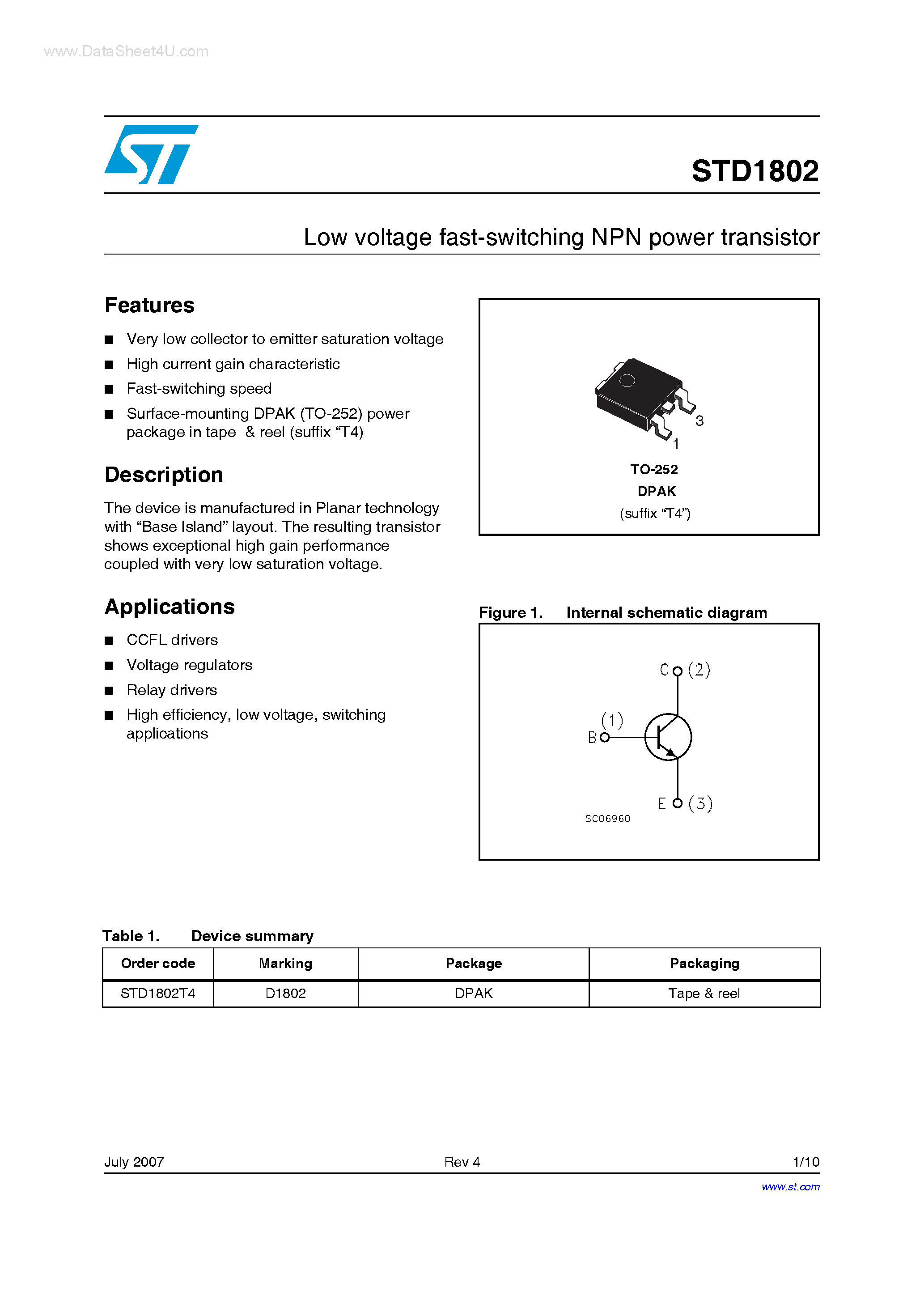 Даташит STD1802 - Low voltage fast-switching NPN power transistor страница 1