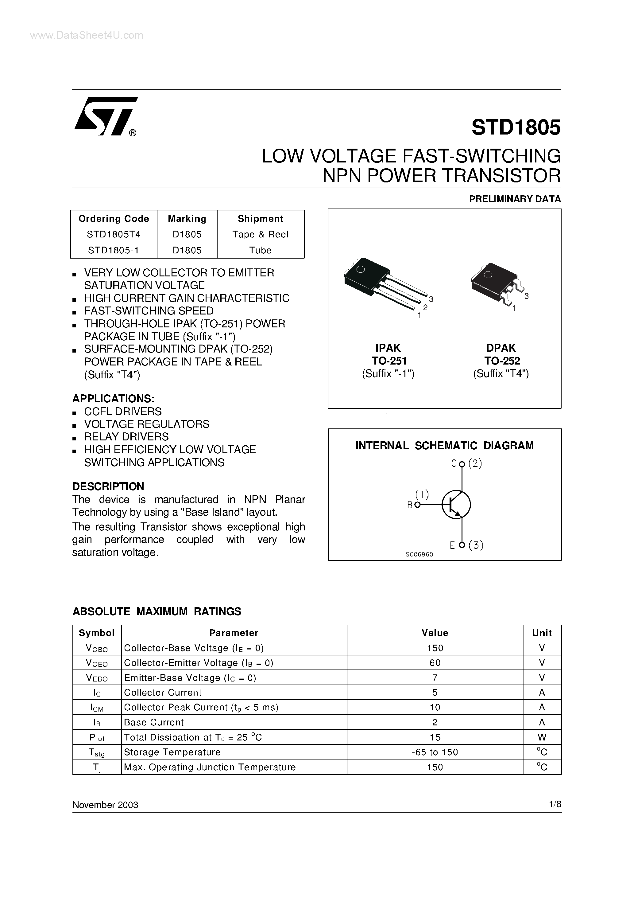 Даташит STD1805 - LOW VOLTAGE FAST-SWITCHING NPN POWER TRANSISTOR страница 1