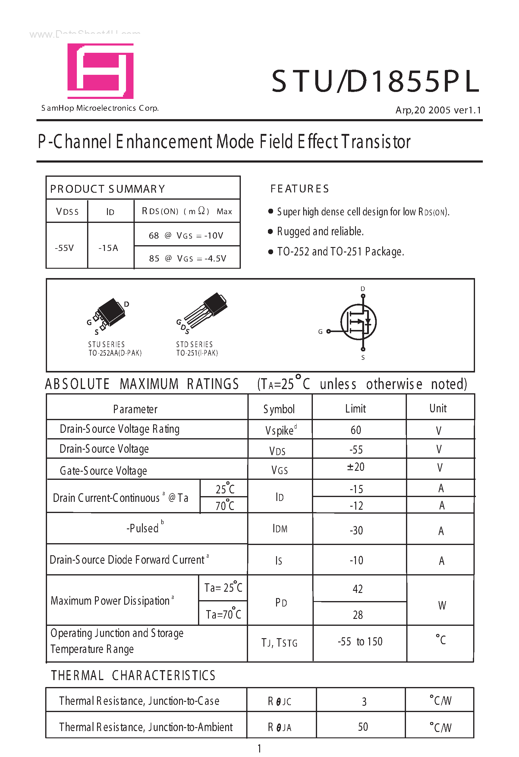 Даташит STD1855PL - P-Channel E nhancement Mode Field Effect Transistor страница 1