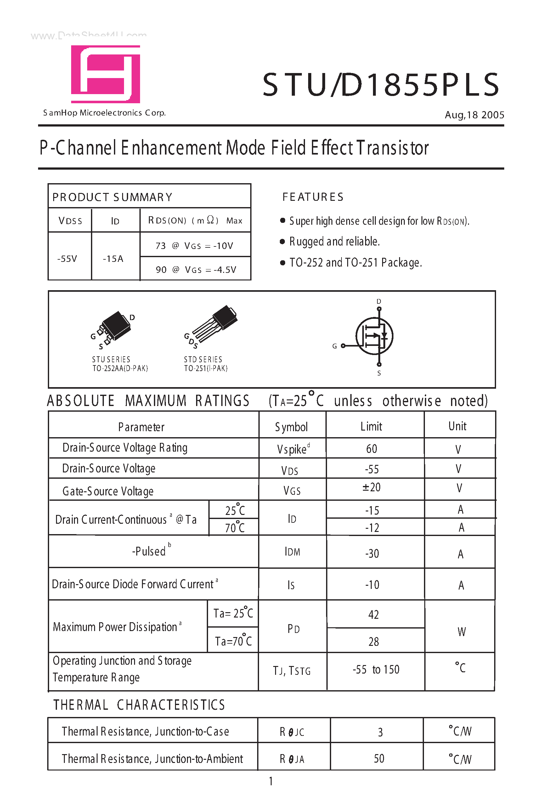 Даташит STD1855PLS - P-Channel E nhancement Mode Field Effect Transistor страница 1