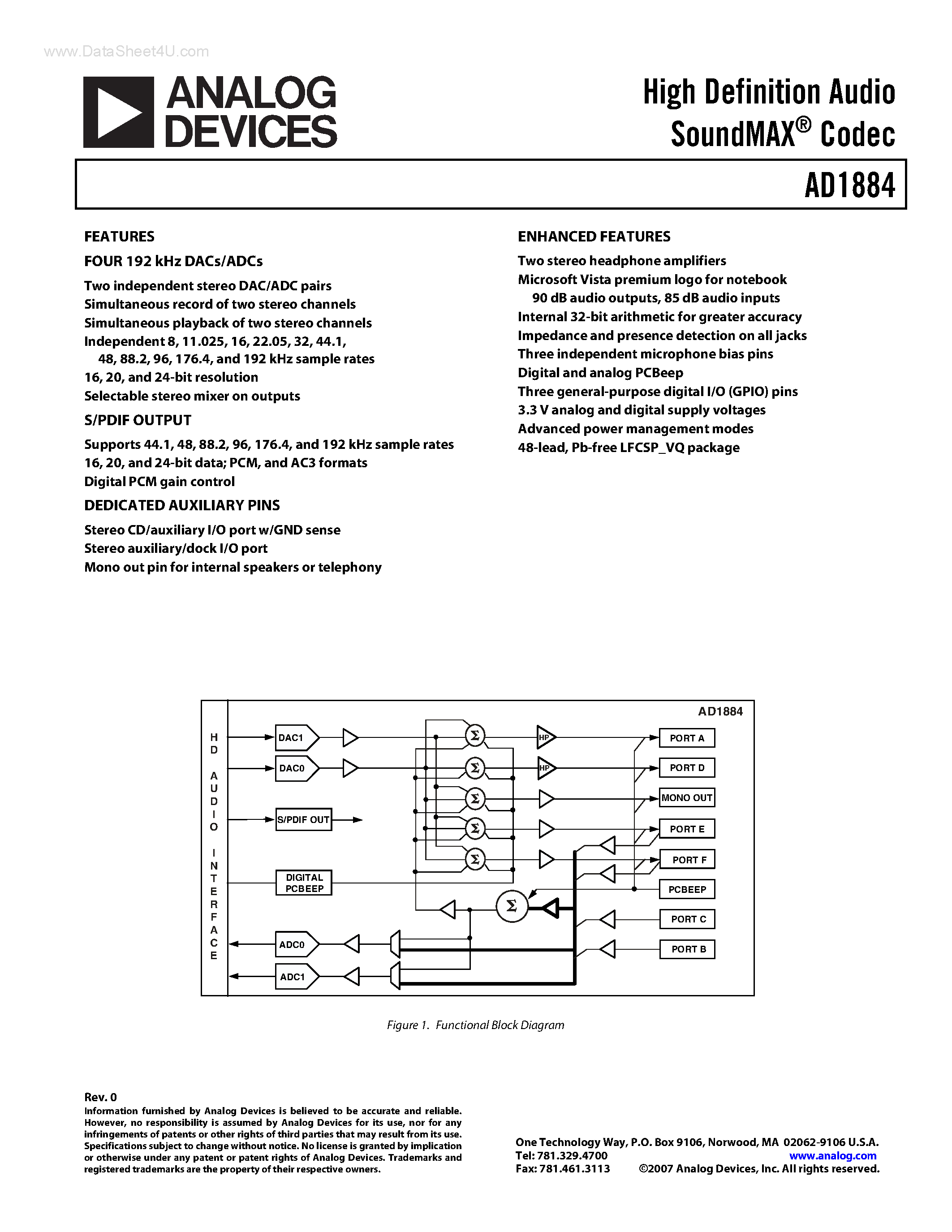 Даташит AD1884 - High Definition Audio SoundMAX Codec страница 1