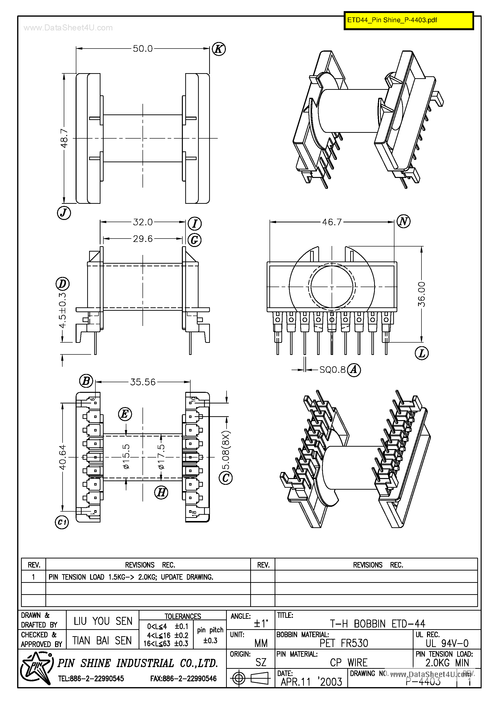 Даташит ETD44 - T-H BOBBIN страница 1