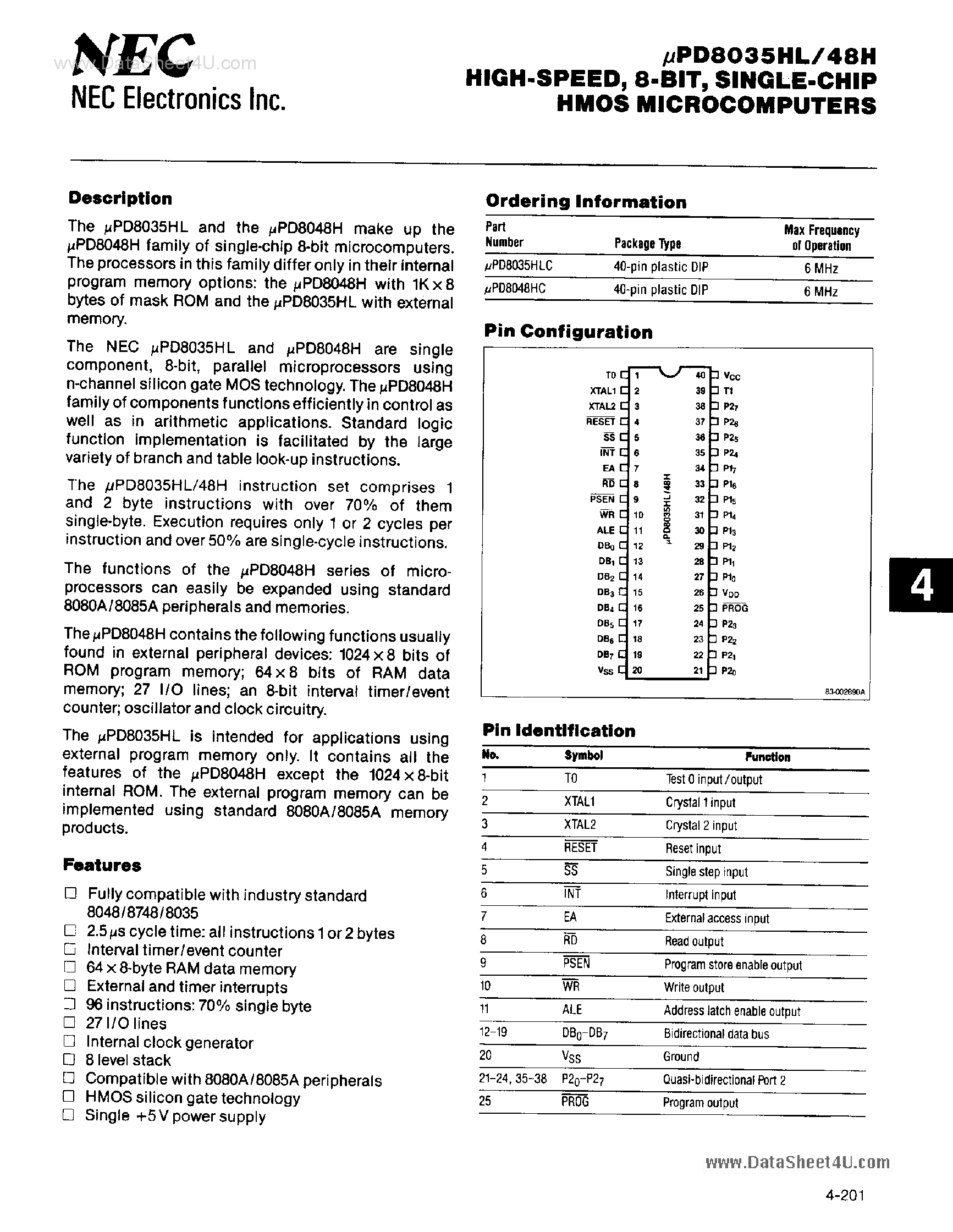 Даташит UPD8035HL - High Speed 8-bit Single-Chip HMOS Microcomputers страница 1