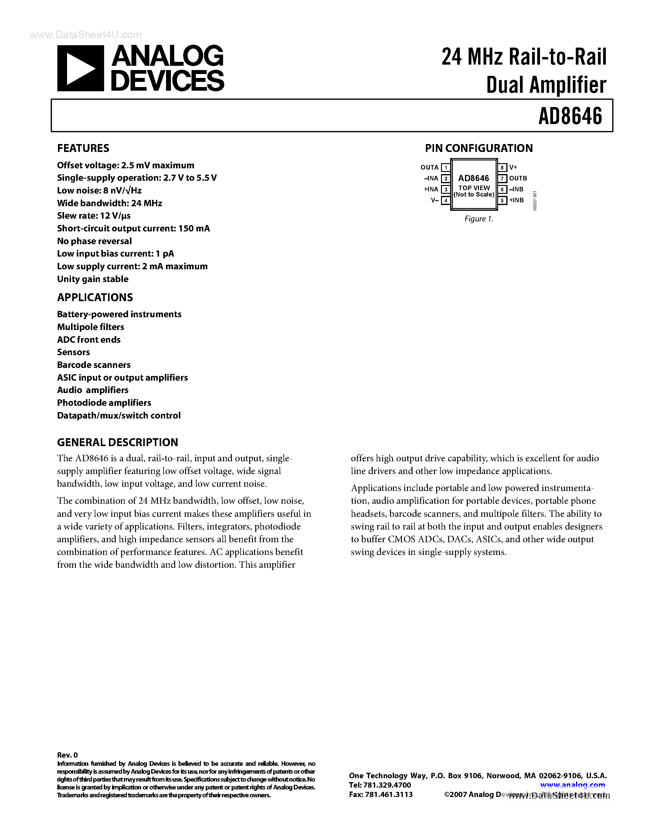 Даташит AD8646 - 24MHz Rail-to-Rail Dual Amplifier страница 1