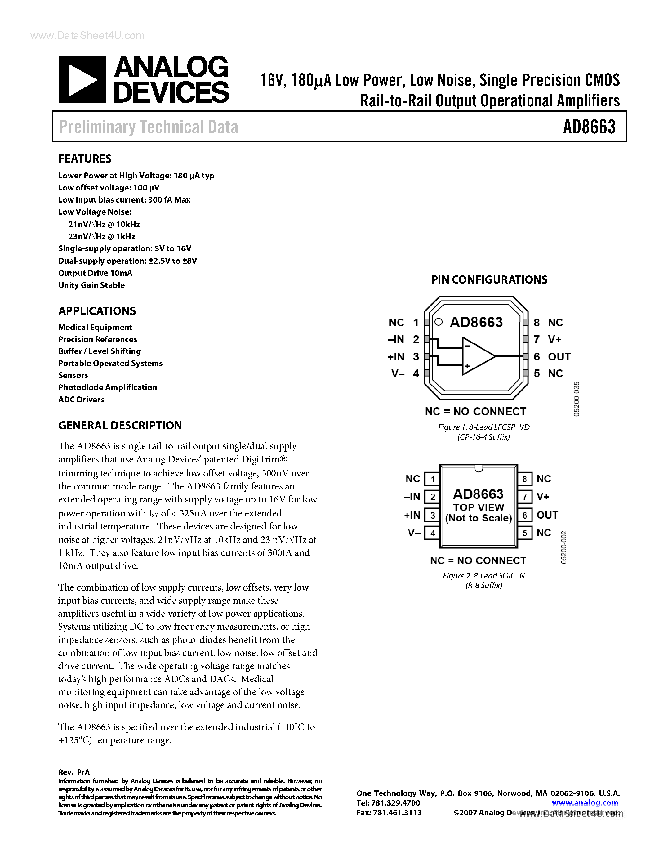 Datasheet AD8663 - Single Precision CMOS Rail-to-Rail Output Operational Amplifiers page 1