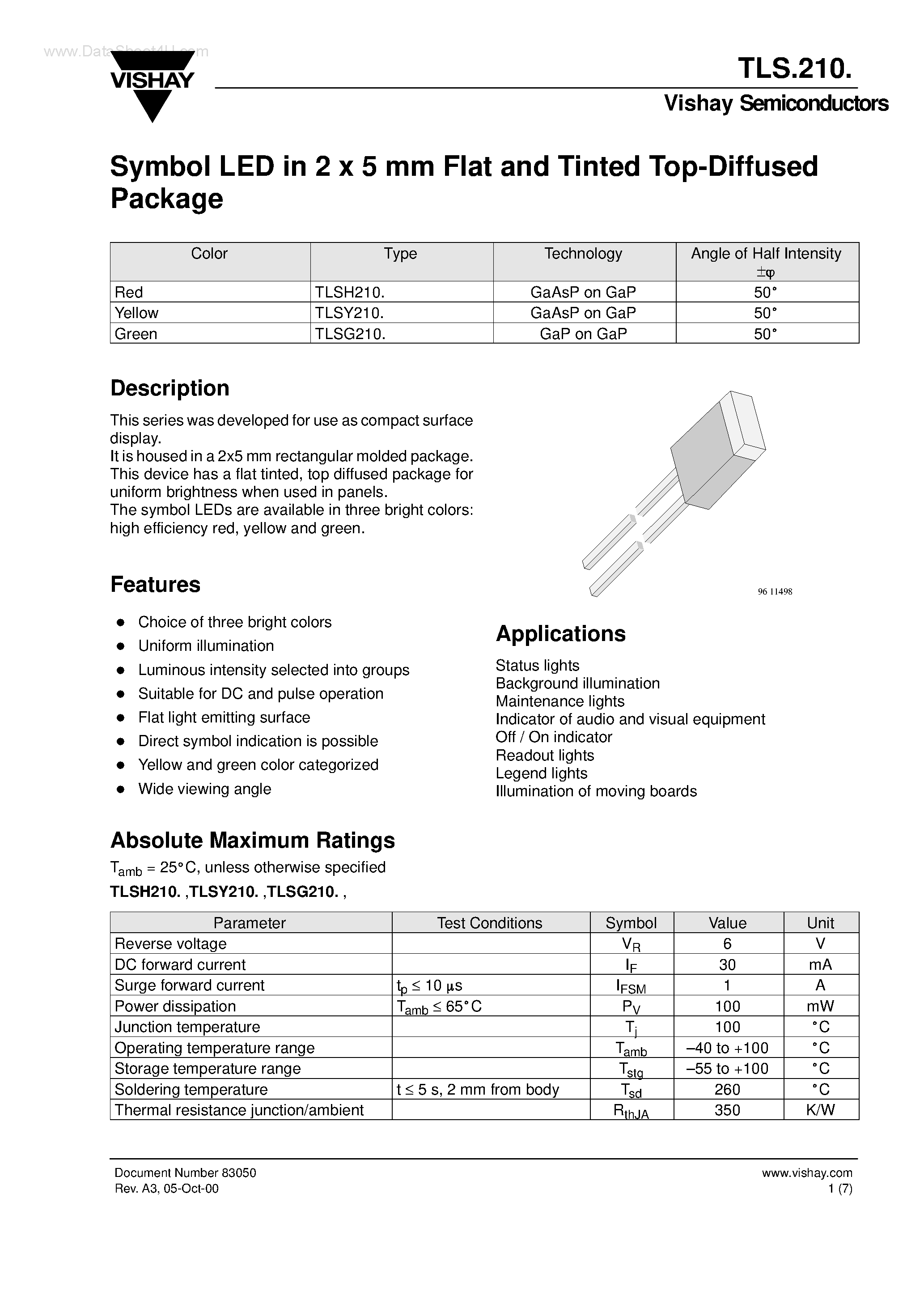 Даташит TLS210 - Symbol LED in 2 x 5 mm Flat and Tinted Top-Diffused Package страница 1