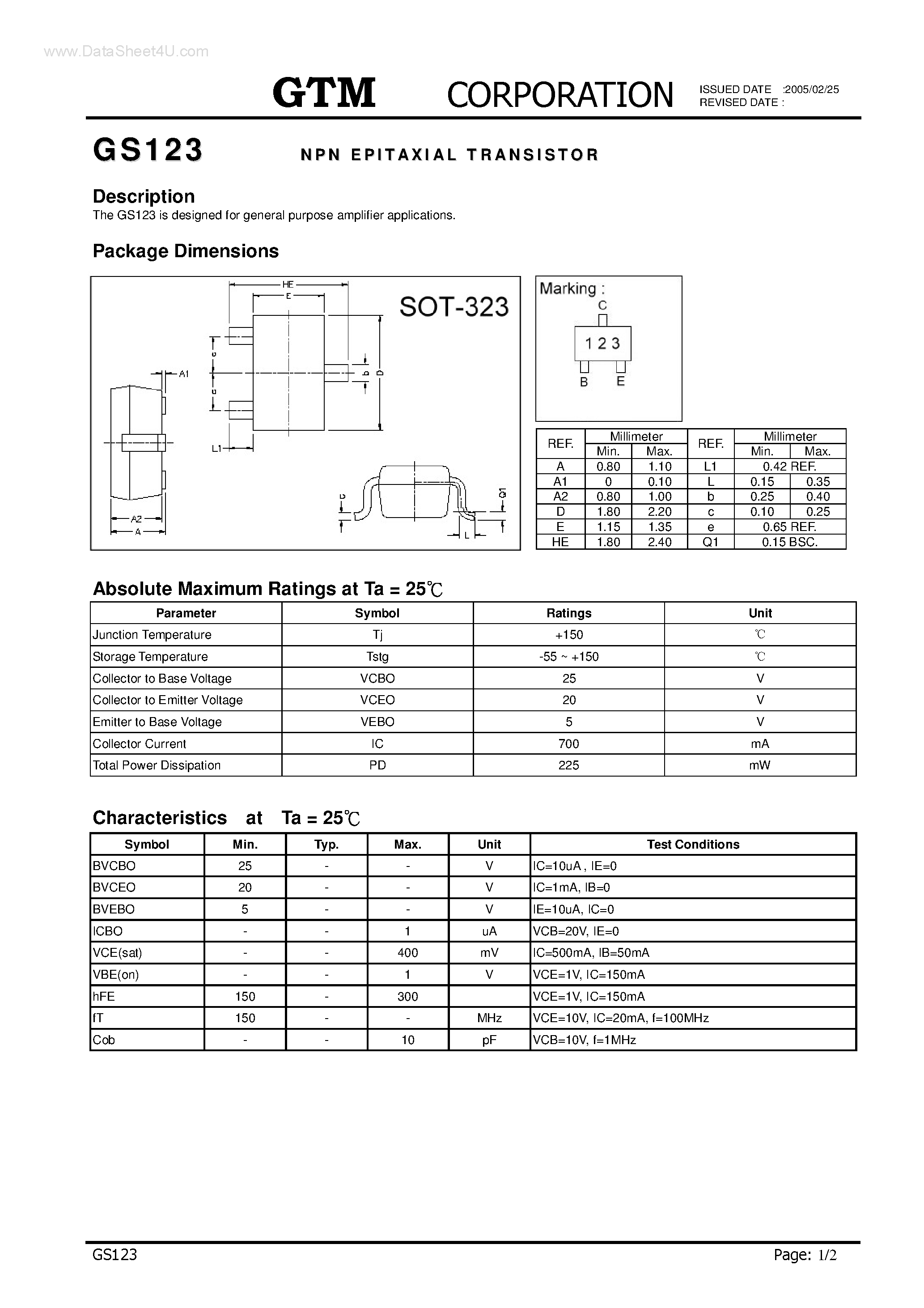 Даташит GS123 - NPN EPITAXIAL TRANSISTOR страница 1