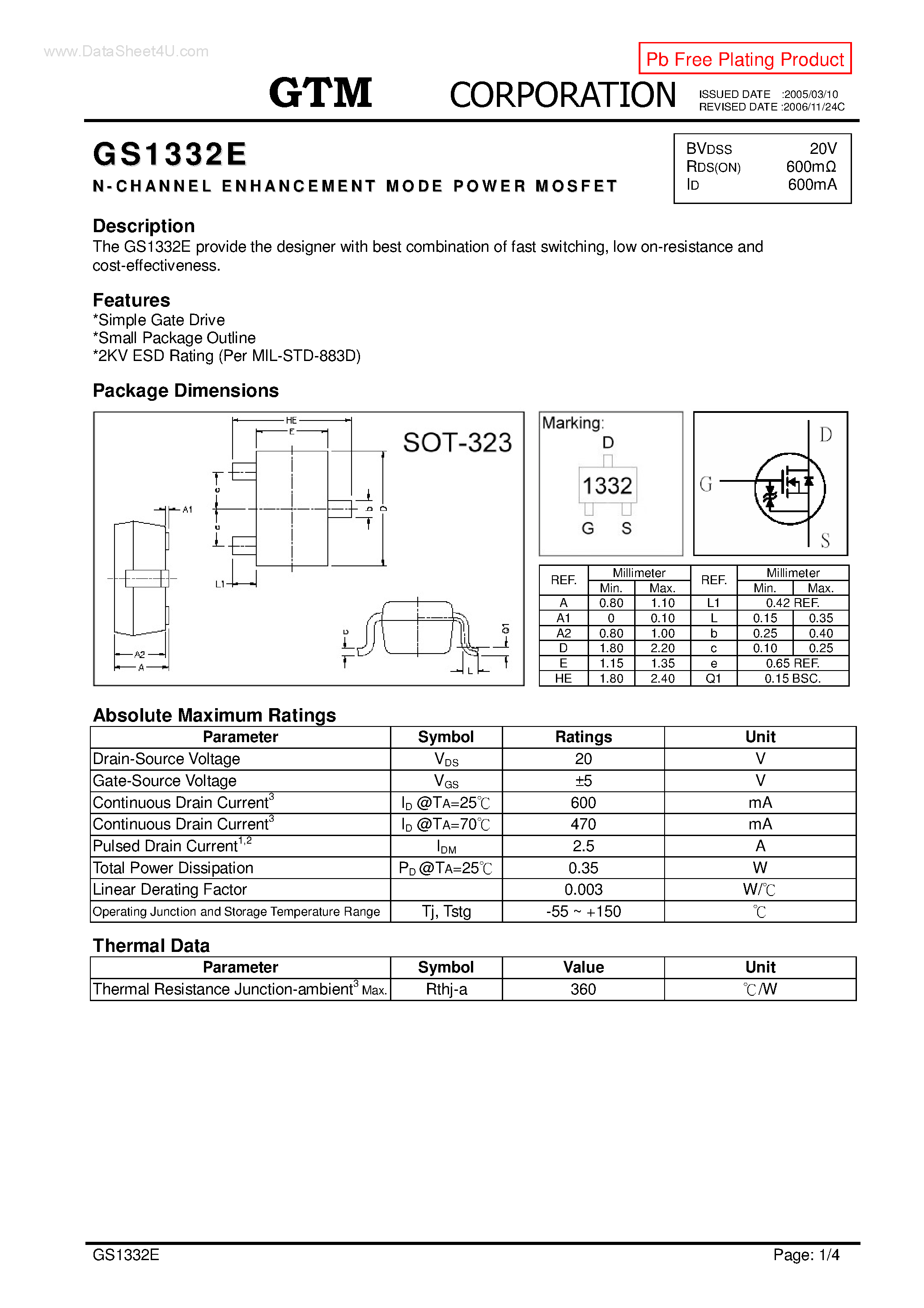 Даташит GS1332E - N-CHANNEL ENHANCEMENT MODE POWER MOSFET страница 1