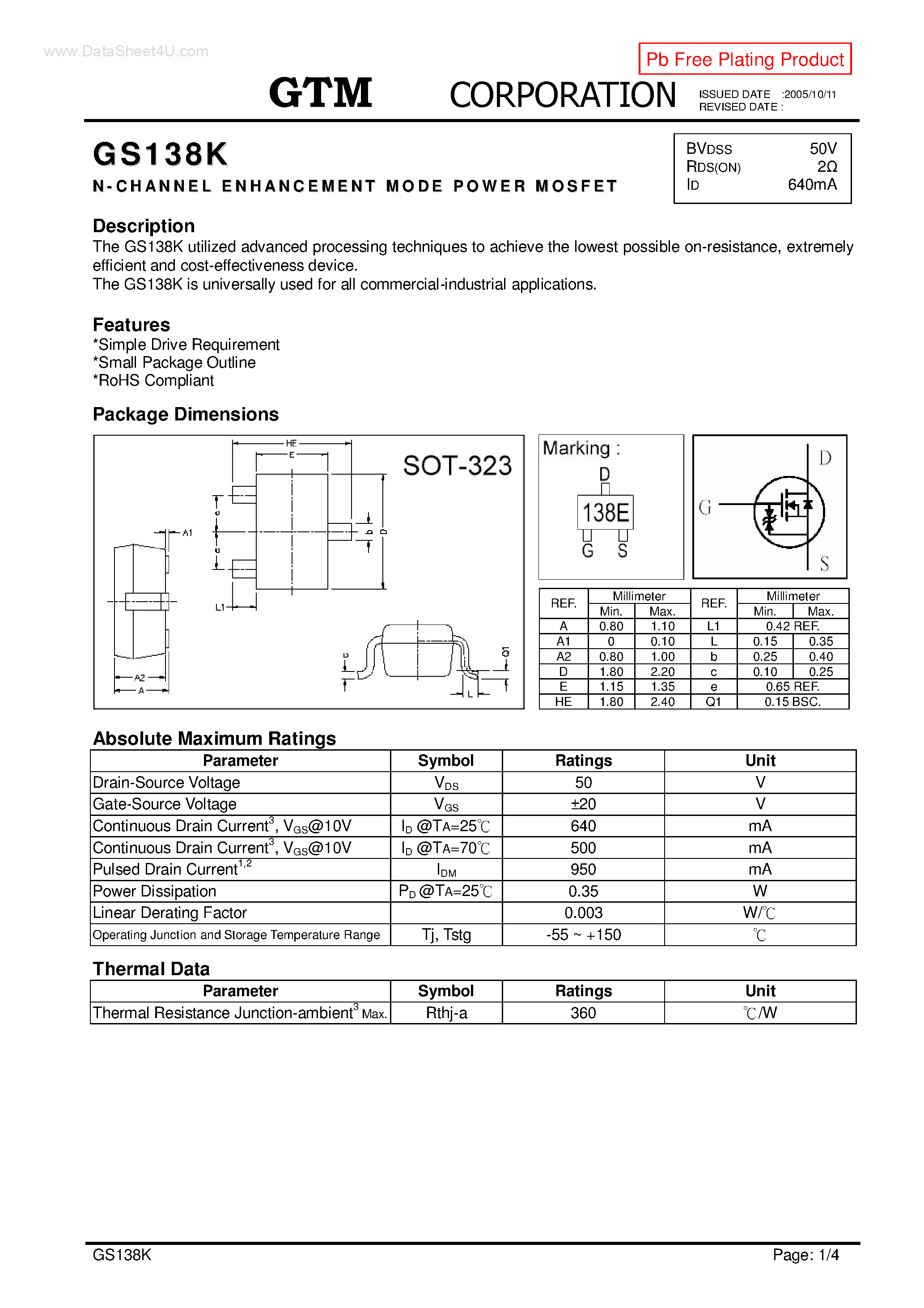 Даташит GS138K - N-CHANNEL ENHANCEMENT MODE POWER MOSFET страница 1