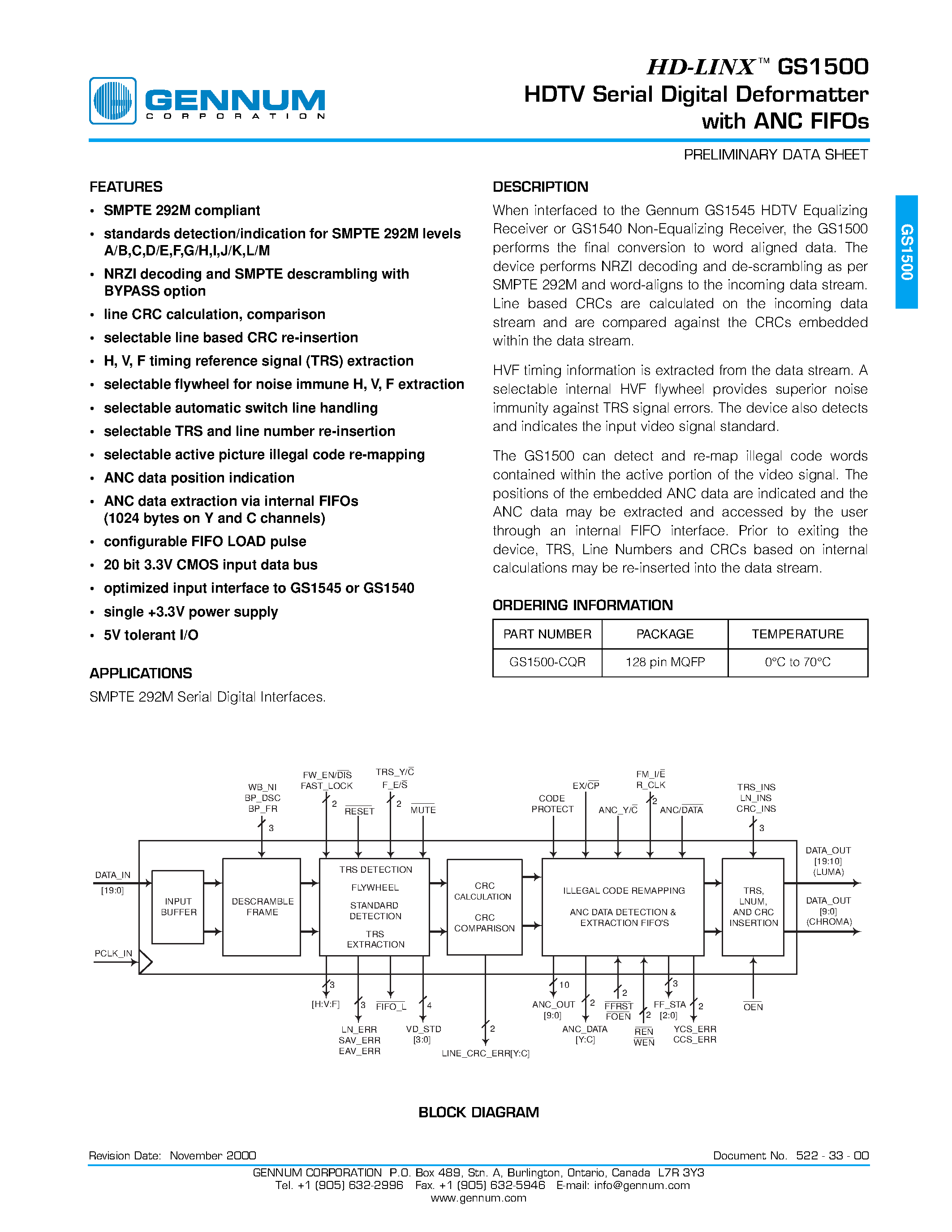 Даташит GS1500 - HDTV Serial Digital Deformatter страница 1