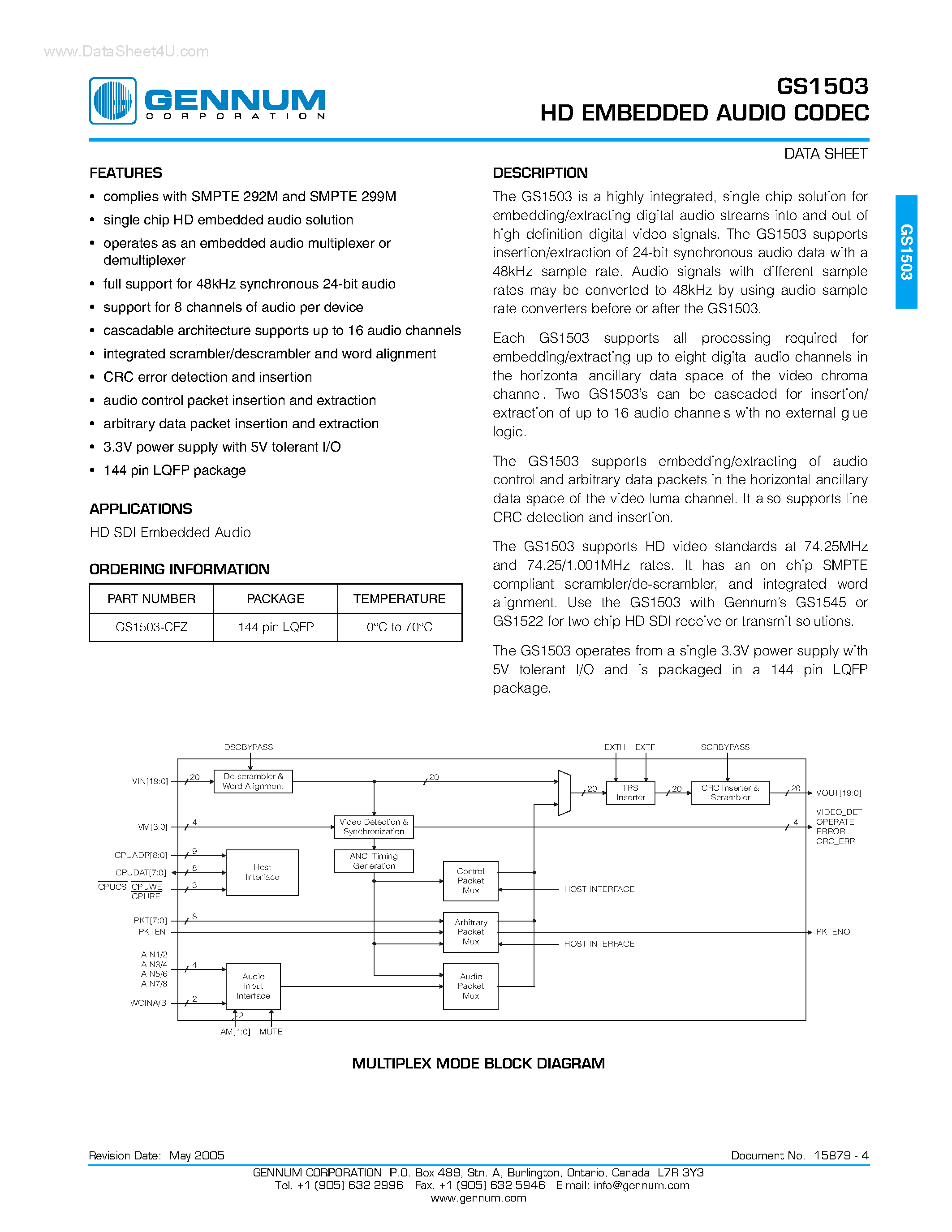 Даташит GS1503 - HD EMBEDDED AUDIO CODEC страница 1