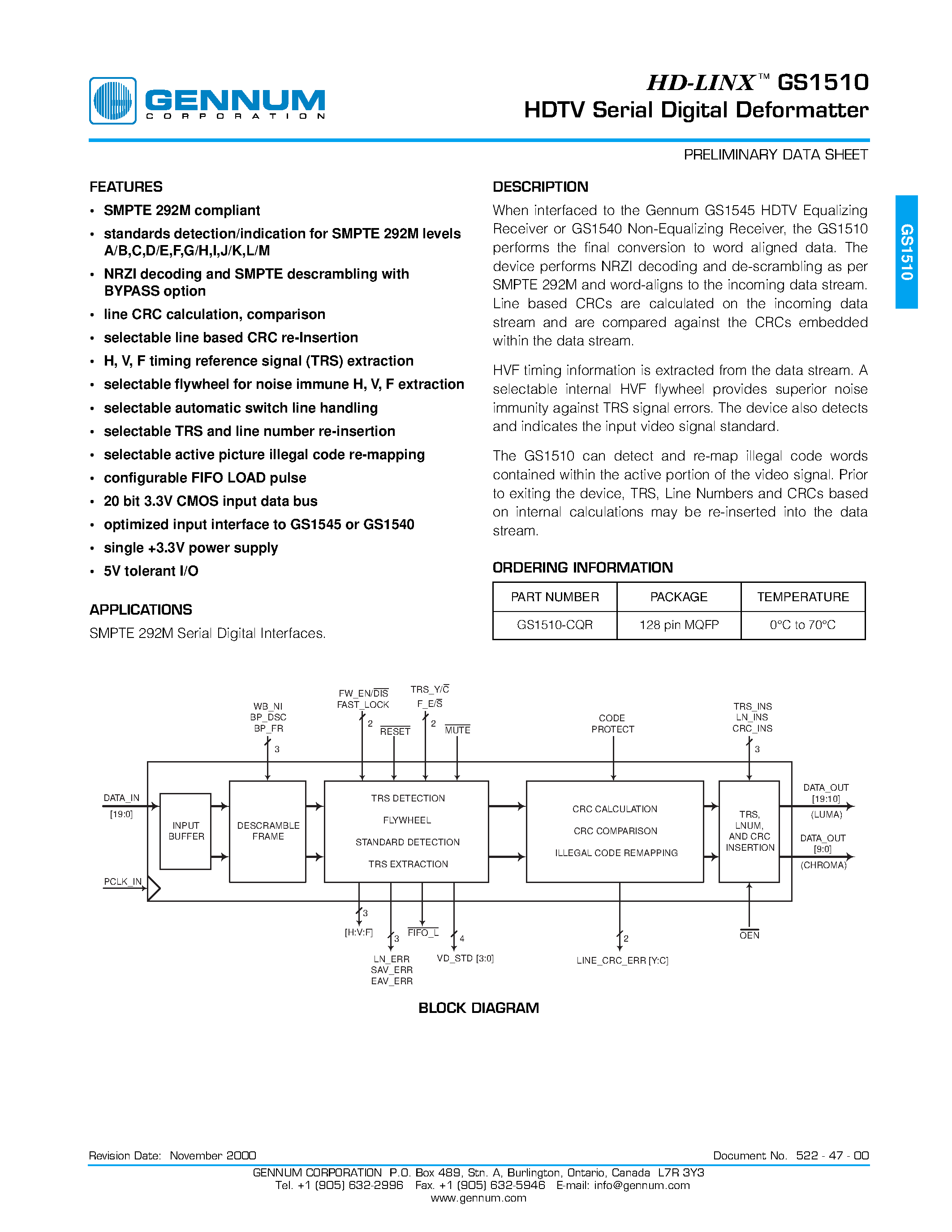 Даташит GS1510 - HDTV Serial Digital Deformatter страница 1