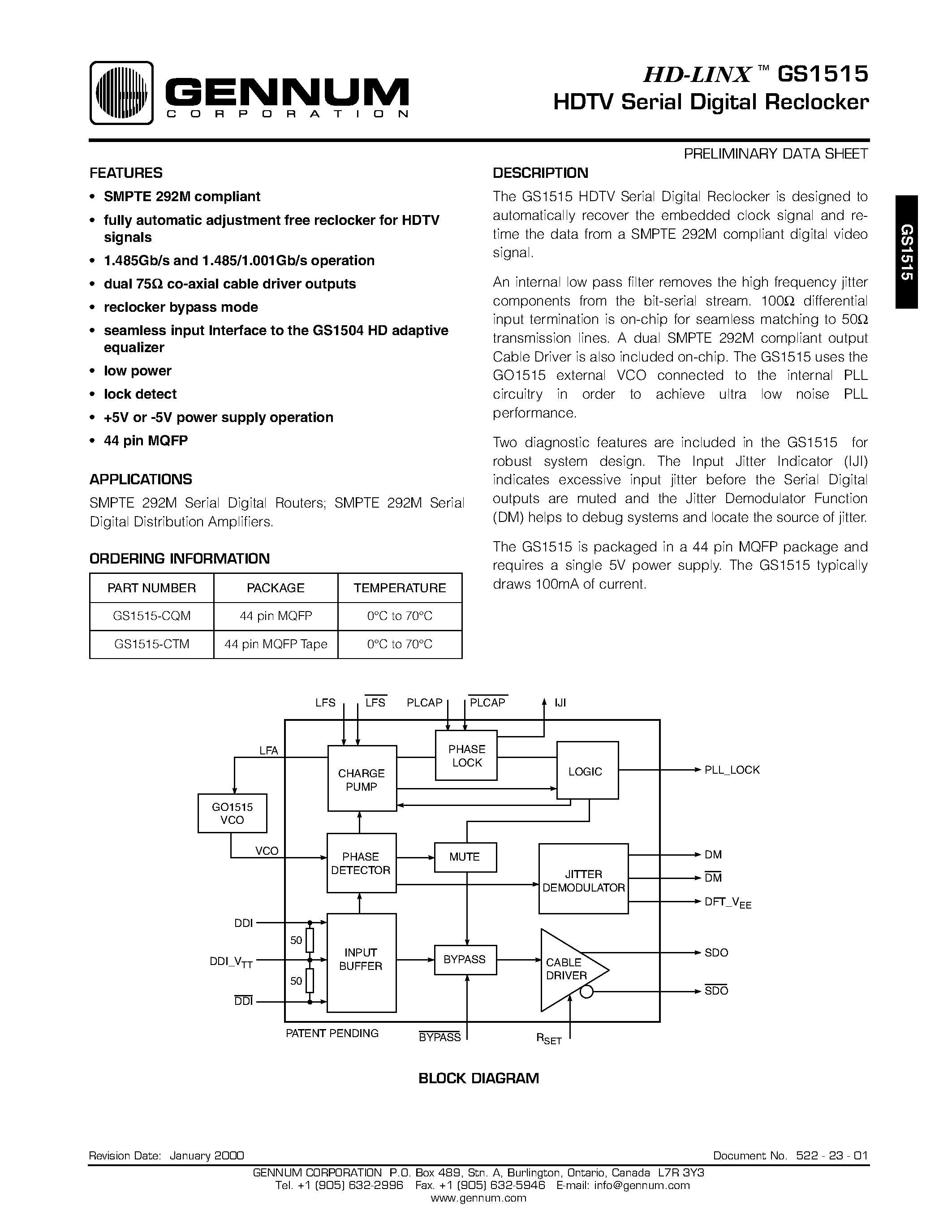 Даташит GS1515 - HDTV Serial Digital Reclocker страница 1