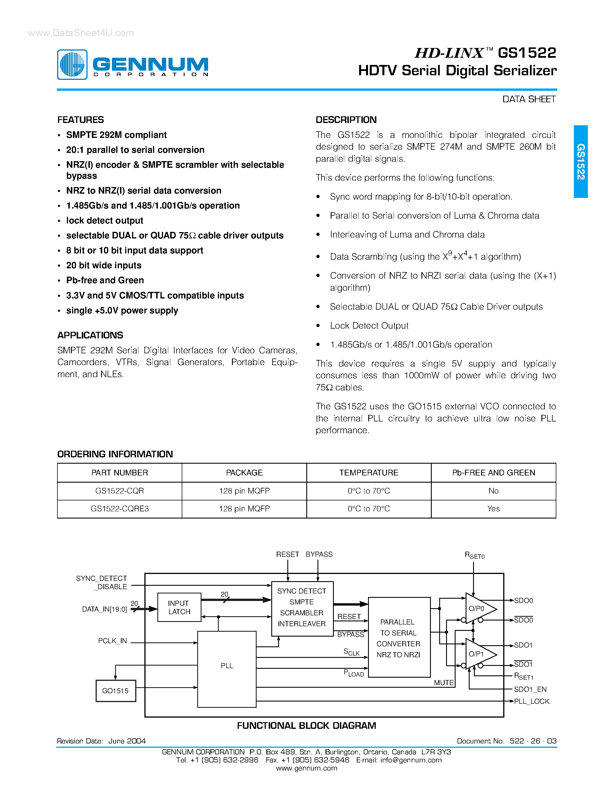 Даташит GS1522 - HDTV Serial Digital Serializer страница 1