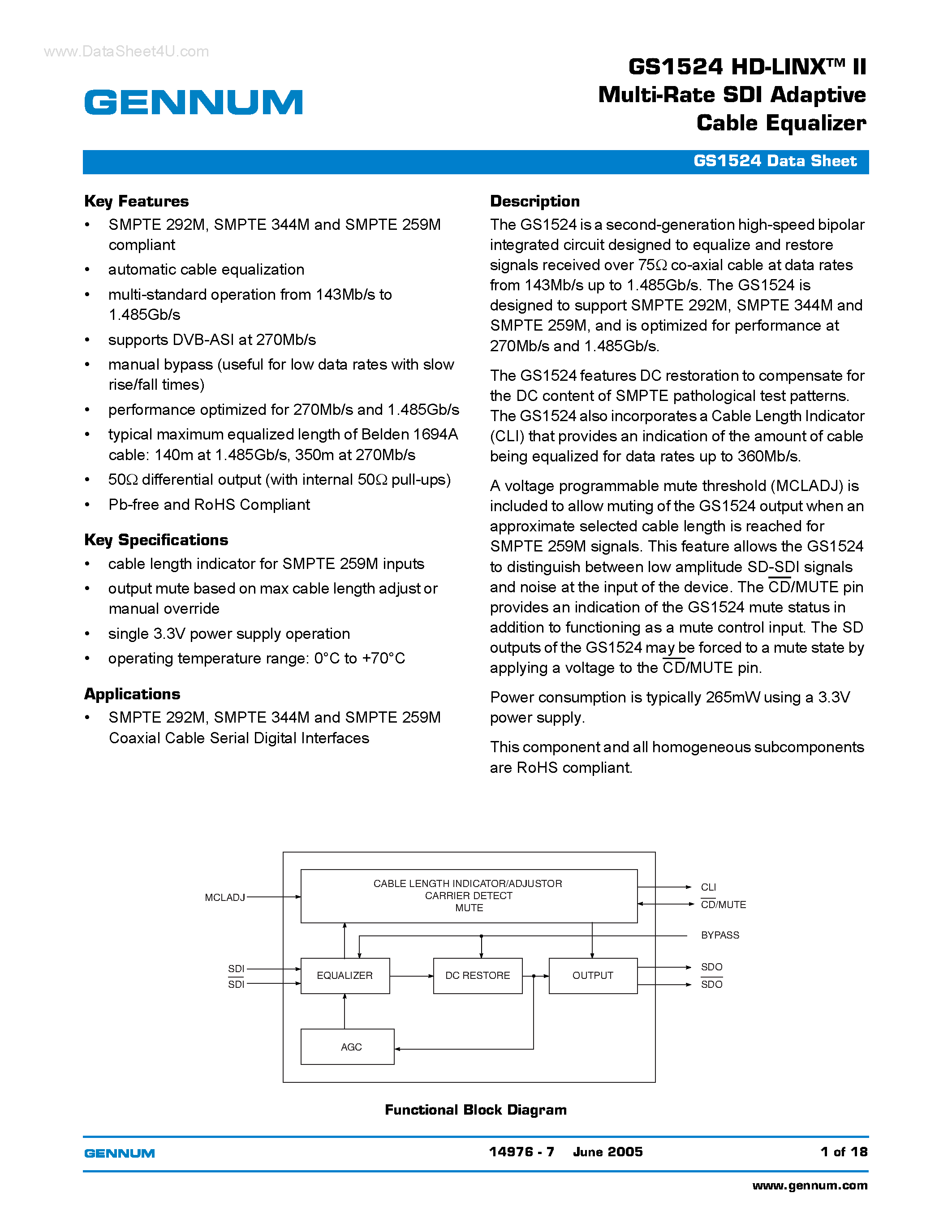 Даташит GS1524 - HD-LINX-TM II Multi-Rate SDI Adaptive Cable Equalizer страница 1