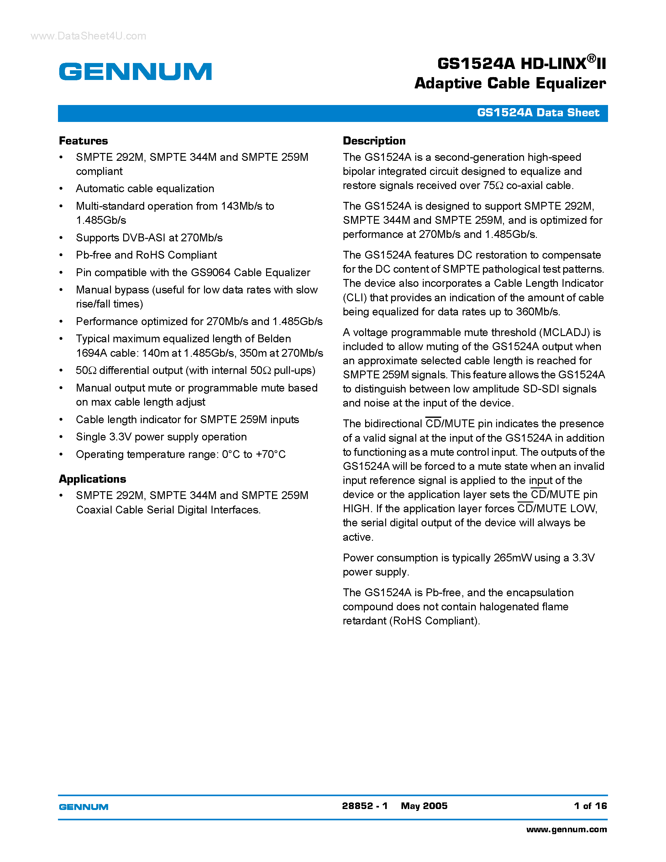Даташит GS1524A - HD-LINX-RII Adaptive Cable Equalizer страница 1