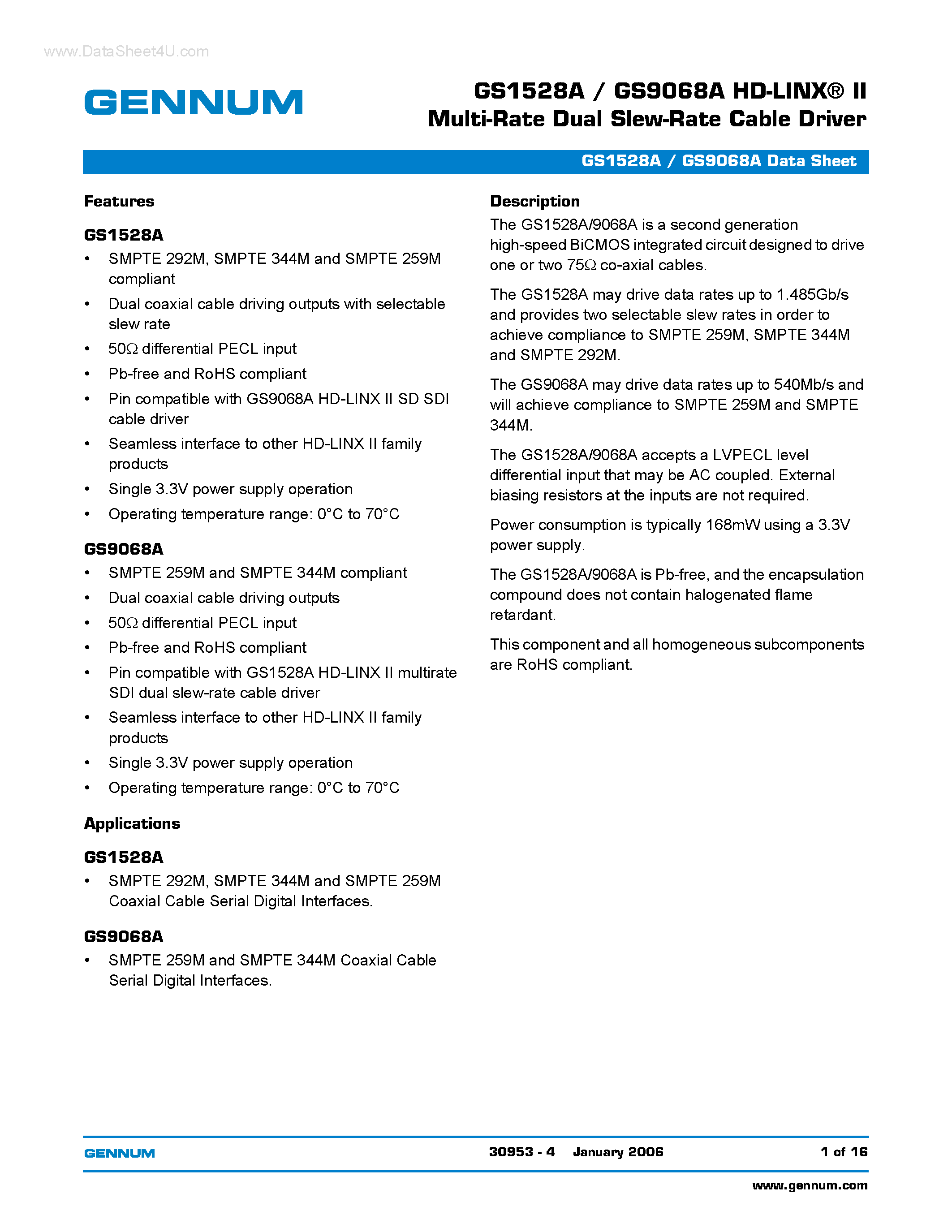 Datasheet GS9068A - HD-LINX-R II Multi-Rate Dual Slew-Rate Cable Driver page 1