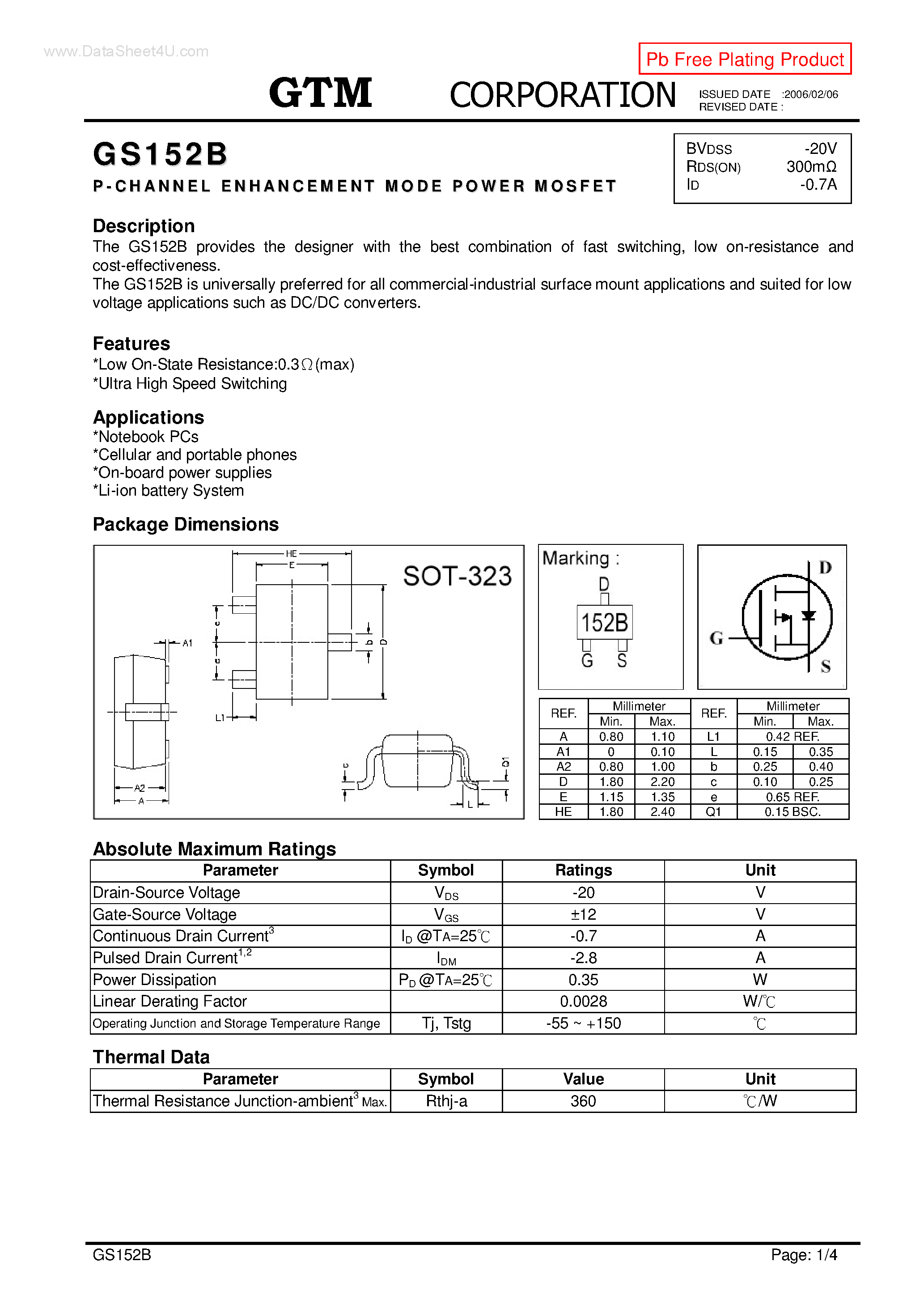 Даташит GS152B - P-CHANNEL ENHANCEMENT MODE POWER MOSFET страница 1