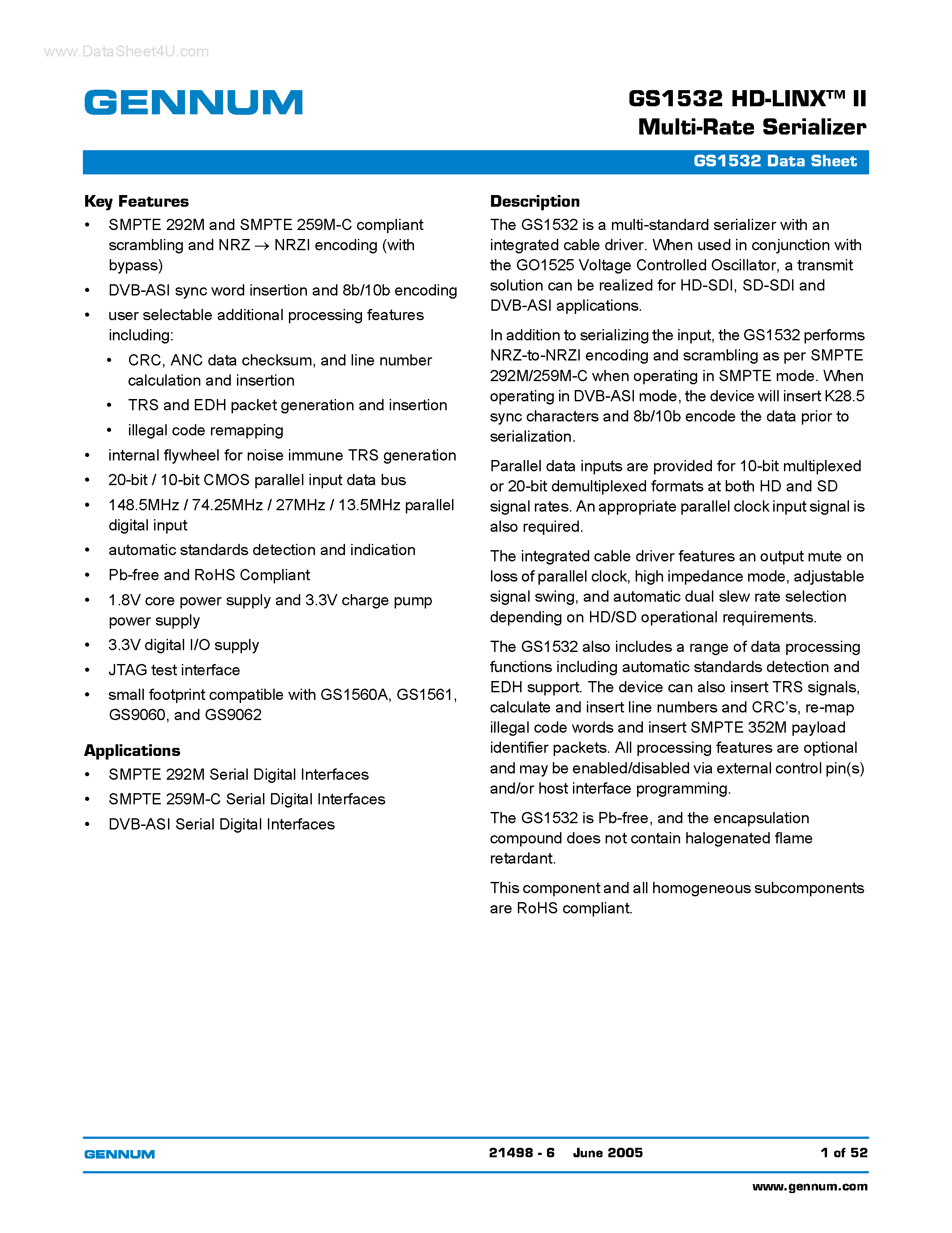 Даташит GS1532 - HD-LINX-TM II Multi-Rate Serializer страница 1