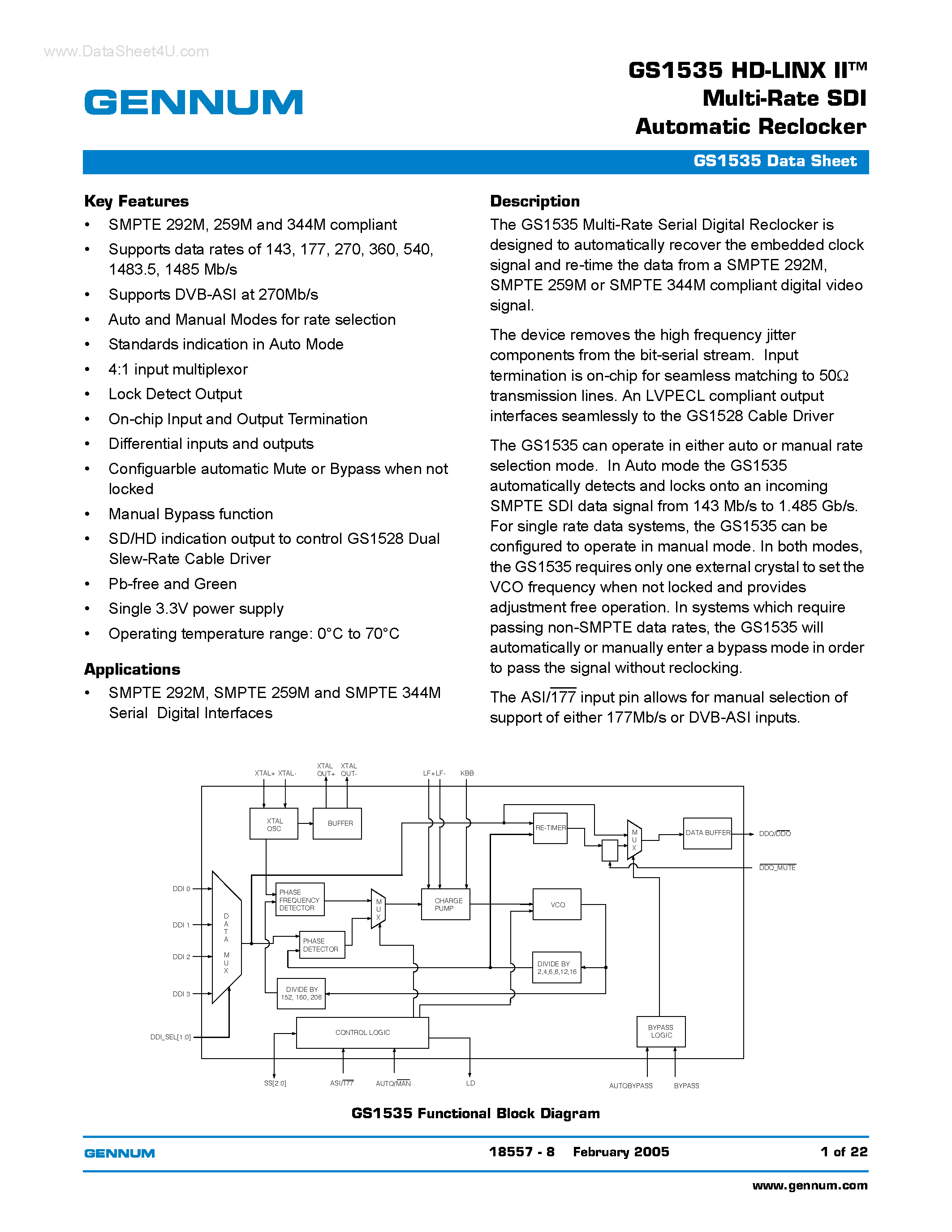 Даташит GS1535 - HD-LINX II-TM Multi-Rate SDI Automatic Reclocker страница 1