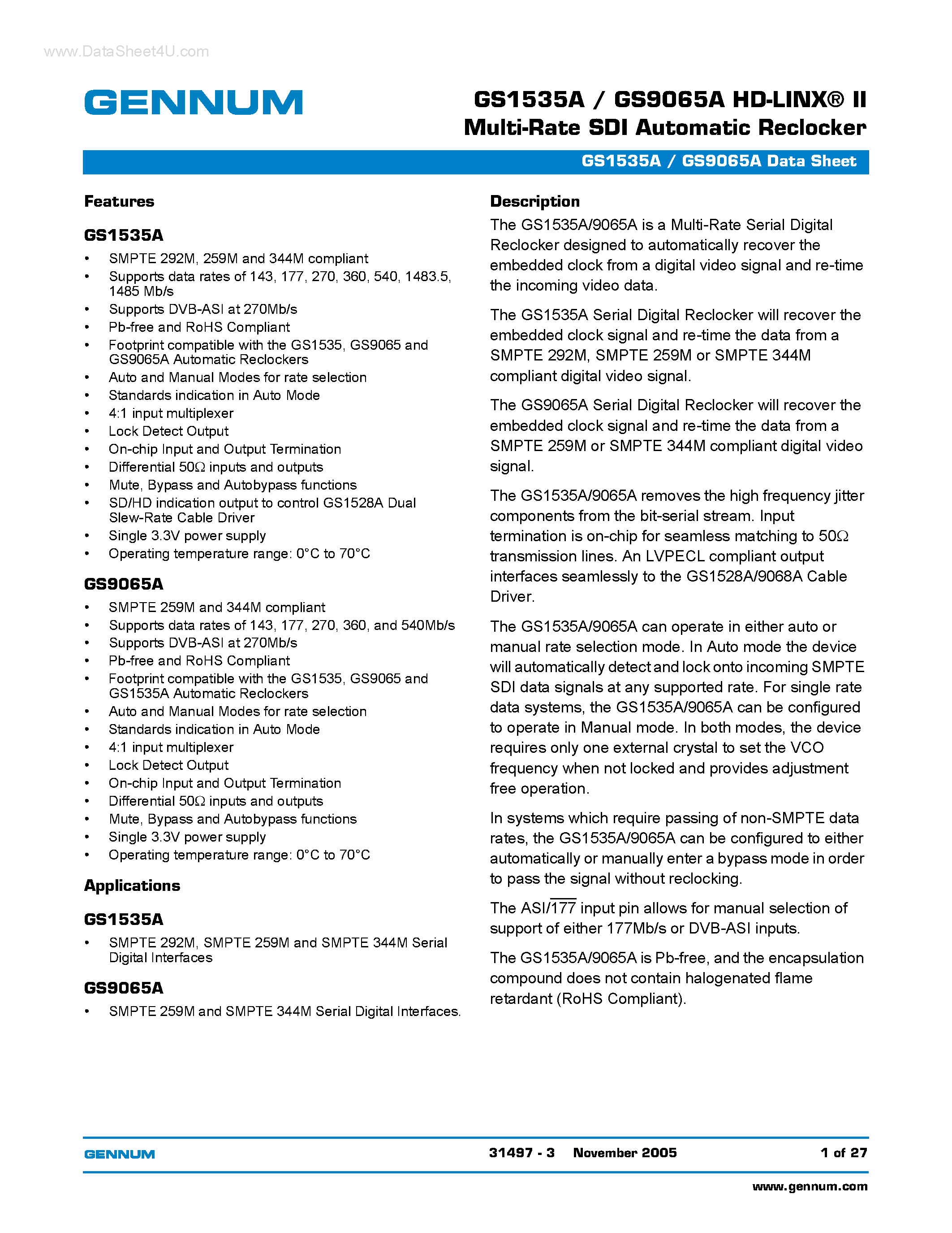 Даташит GS1535A - HD-LINX-R II Multi-Rate SDI Automatic Reclocker страница 1