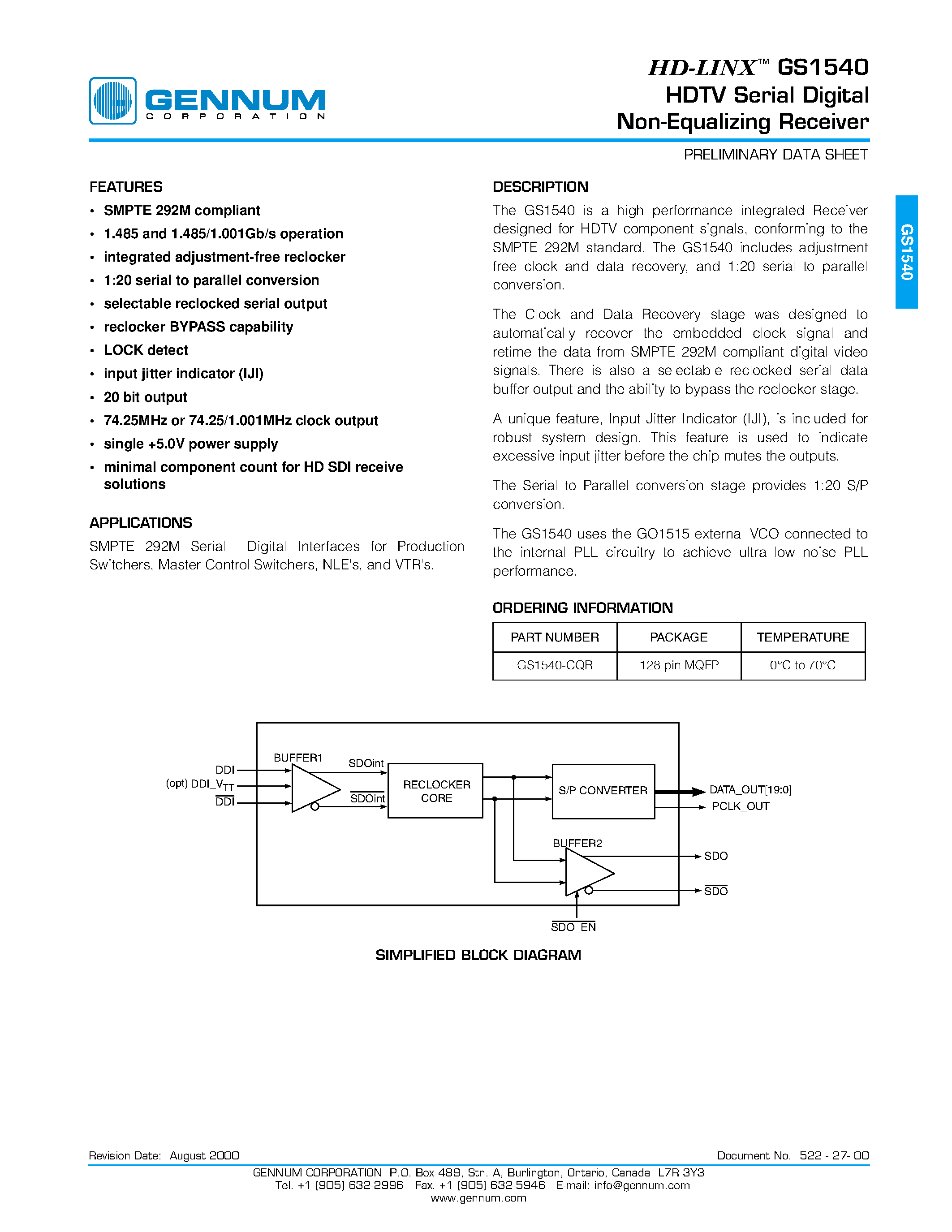 Даташит GS1540 - HDTV Serial Digital Non-Equalizing Receiver страница 1