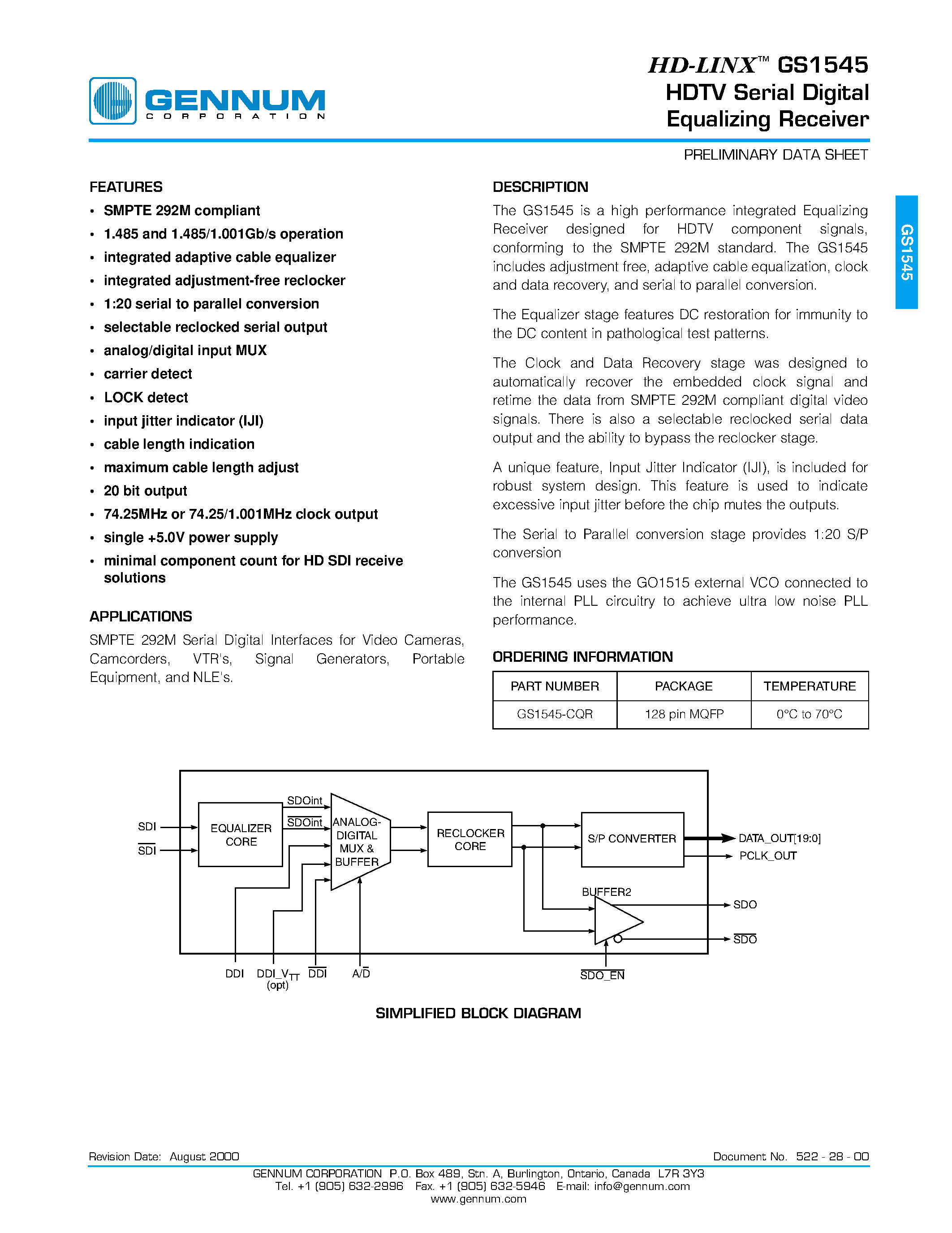 Даташит GS1545 - HDTV Serial Digital Equalizing Receiver страница 1