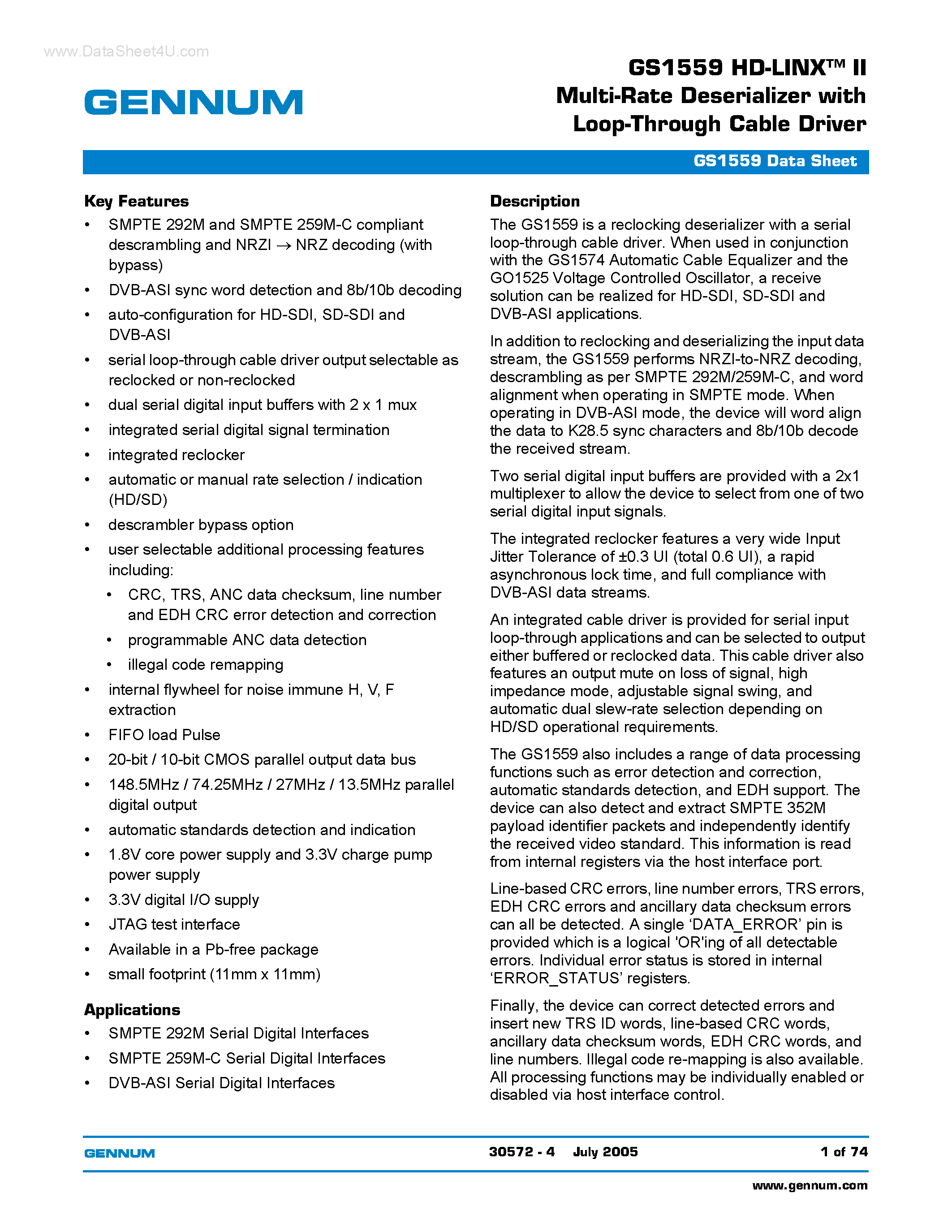 Даташит GS1559 - HD-LINX-TM II Multi-Rate Deserializer страница 1
