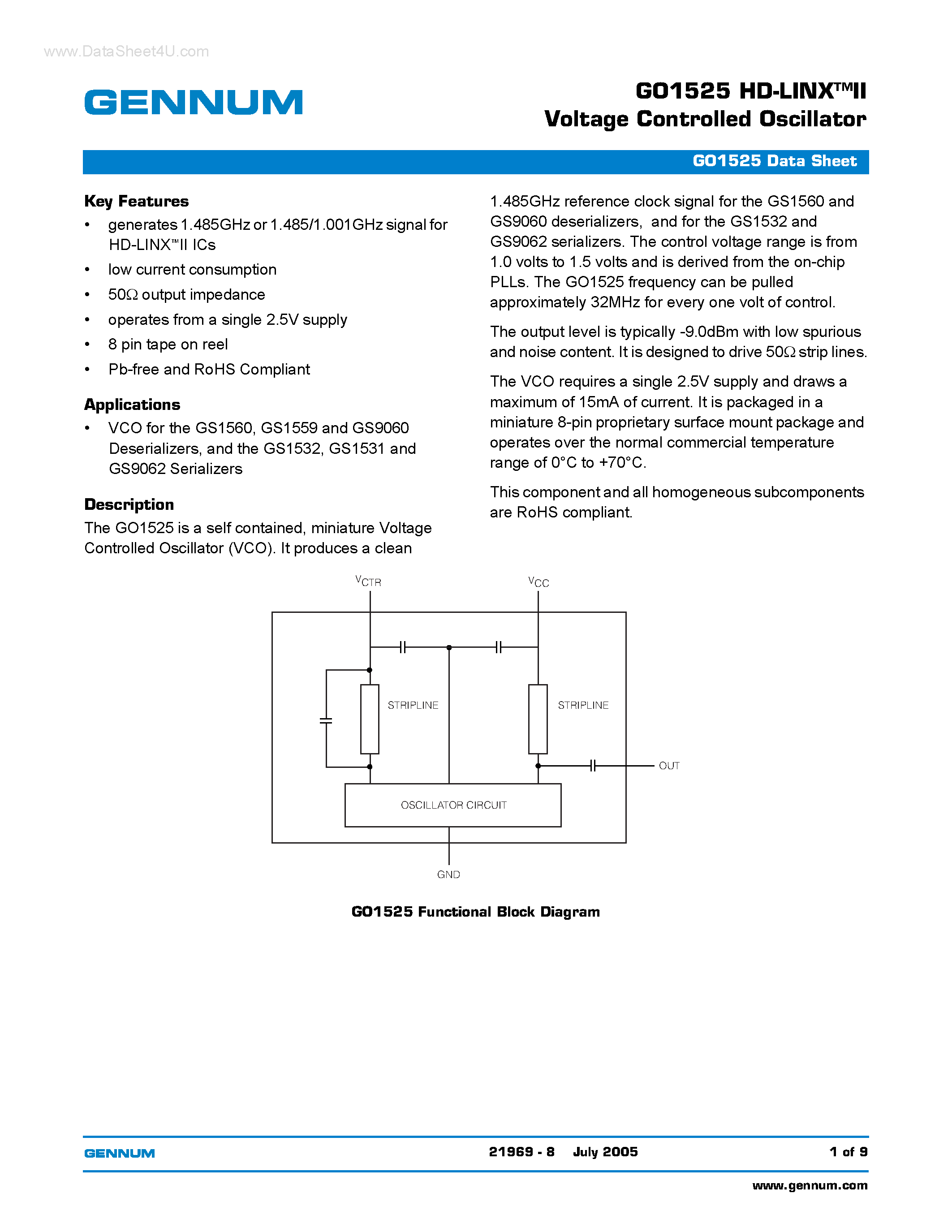 Даташит GS1525 - HD-LINX II Voltage Controlled Oscillator страница 1