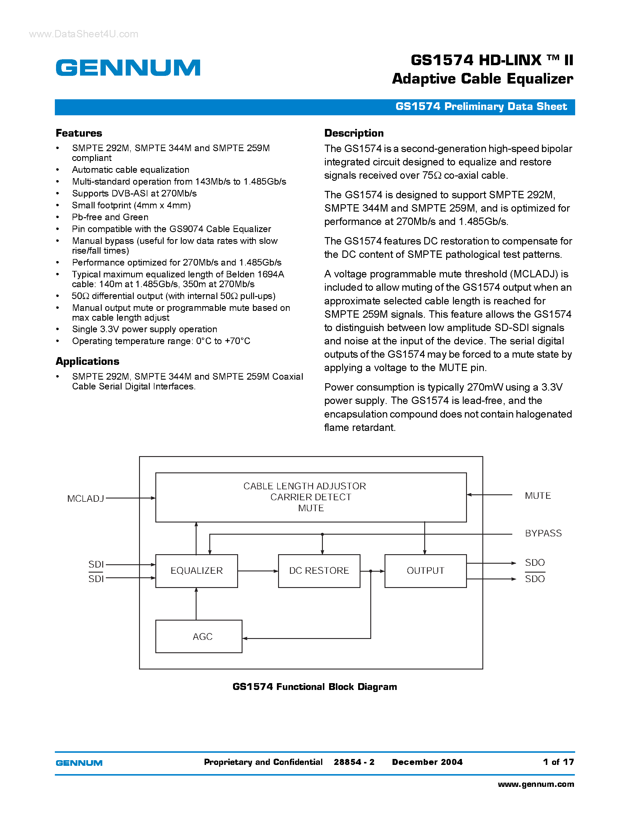 Даташит GS1574 - HD-LINX -TM II Adaptive Cable Equalizer страница 1