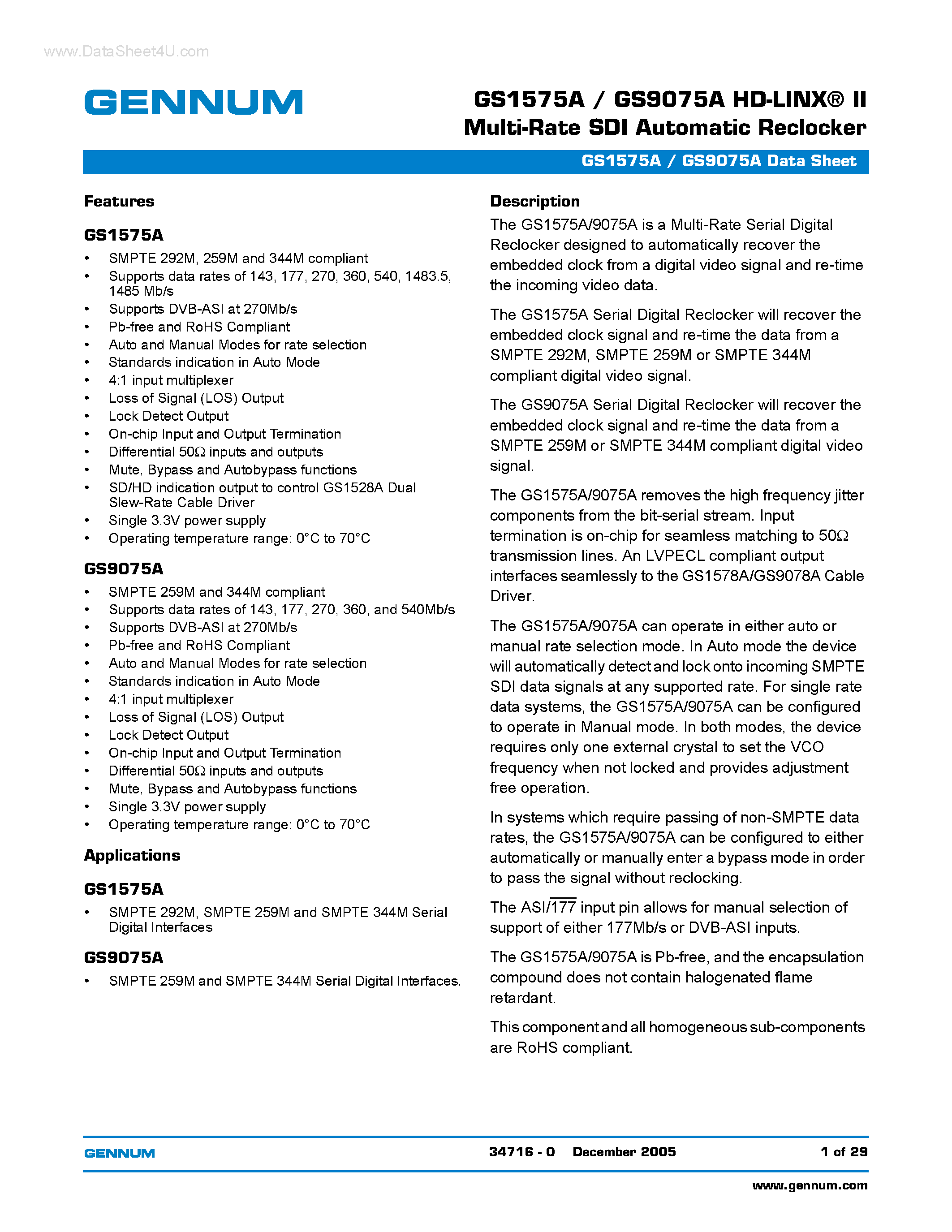 Даташит GS1575A - HD-LINX-R II Multi-Rate SDI Automatic Reclocker страница 1