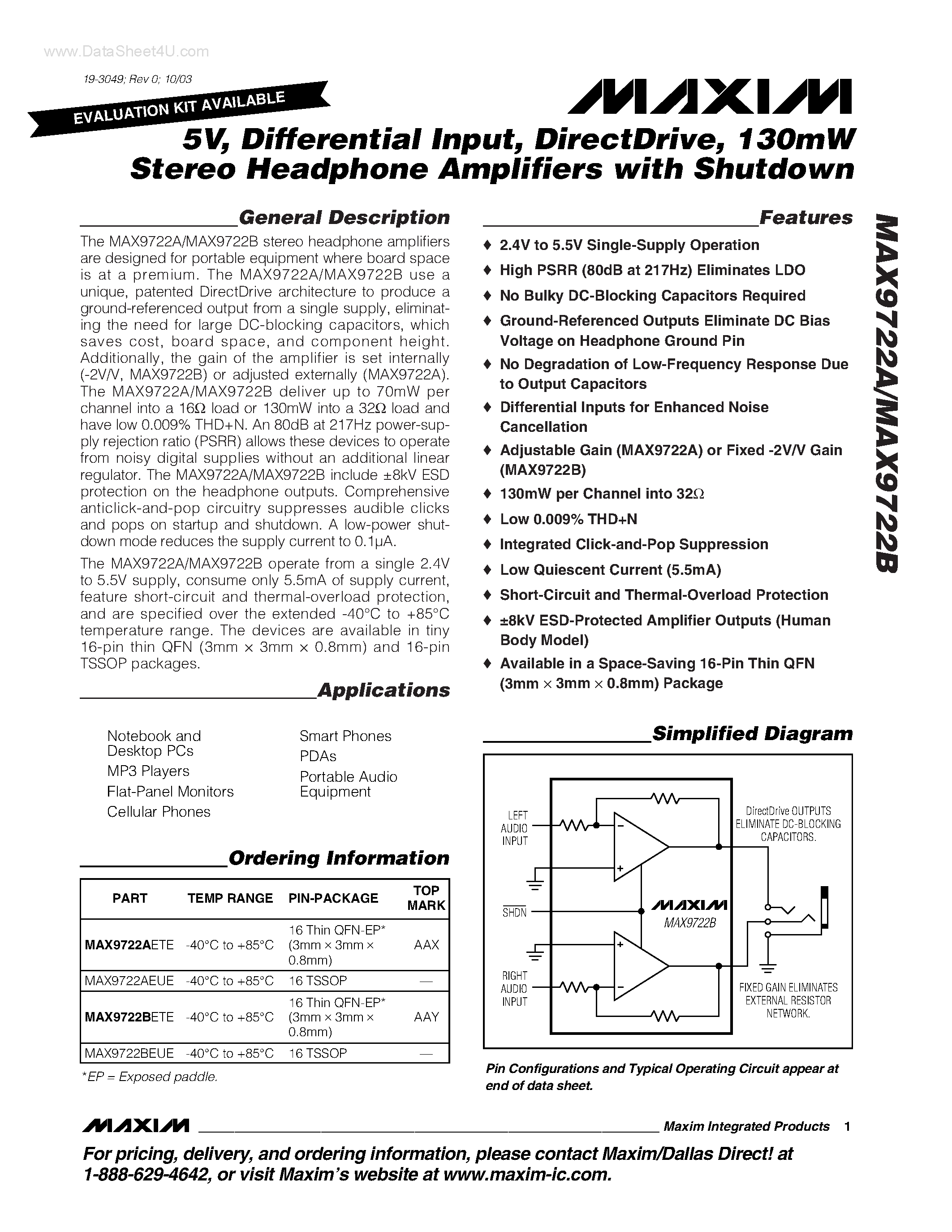 Datasheet MAX9722A - (MAX9722A/B) 130mW Stereo Headphone Amplifiers page 1