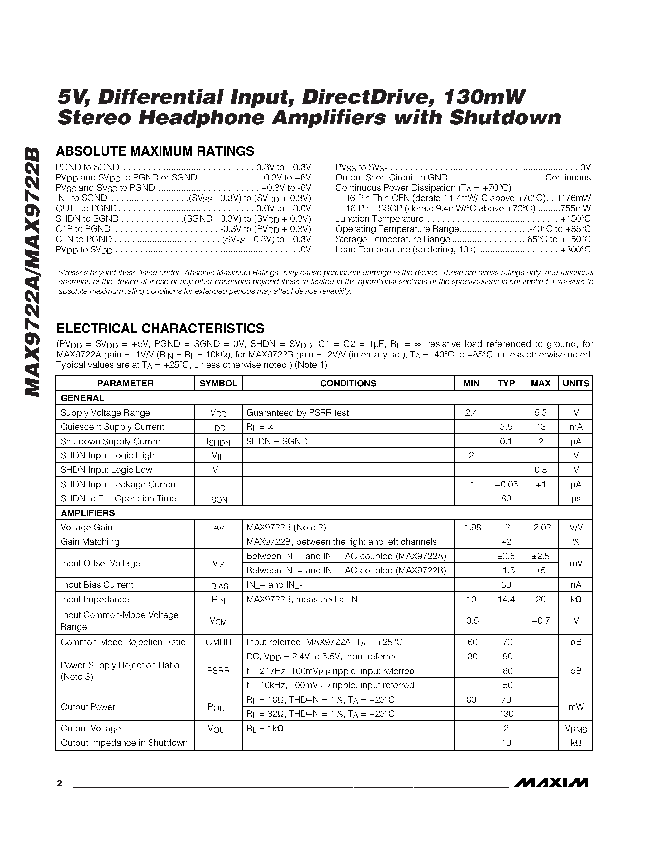 Datasheet MAX9722A - (MAX9722A/B) 130mW Stereo Headphone Amplifiers page 2