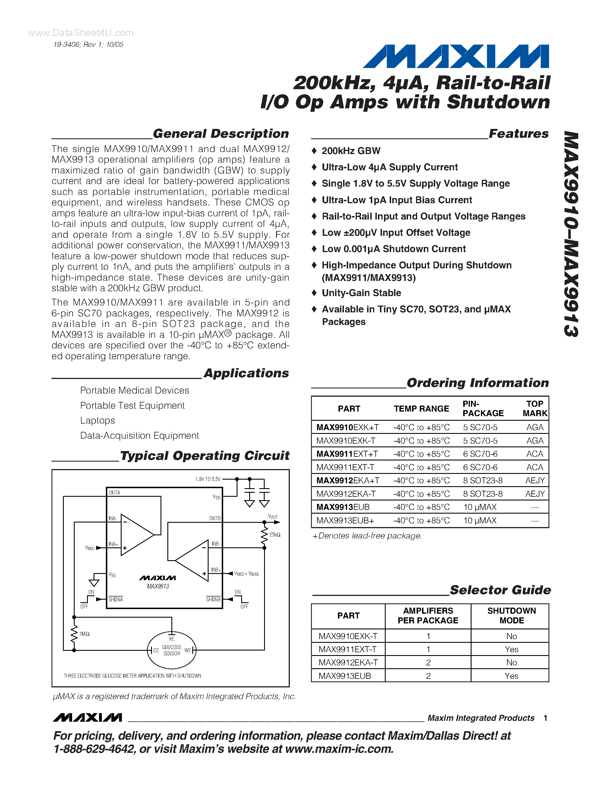 Datasheet MAX9910 - (MAX9910 - MAX9913) Rail-to-Rail I/O Op Amps page 1