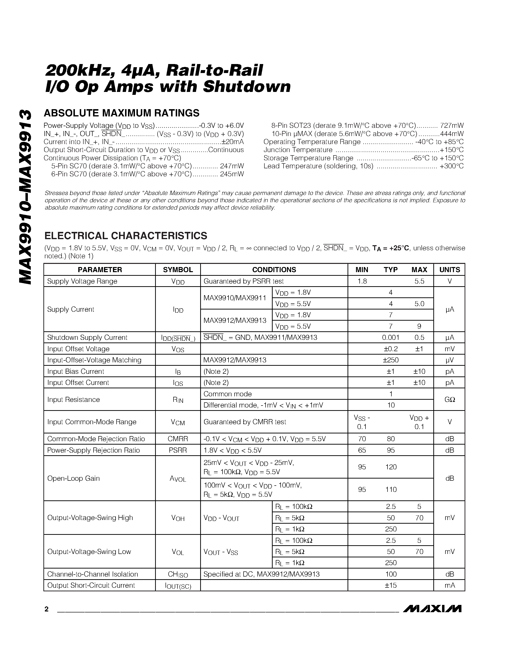 Datasheet MAX9910 - (MAX9910 - MAX9913) Rail-to-Rail I/O Op Amps page 2