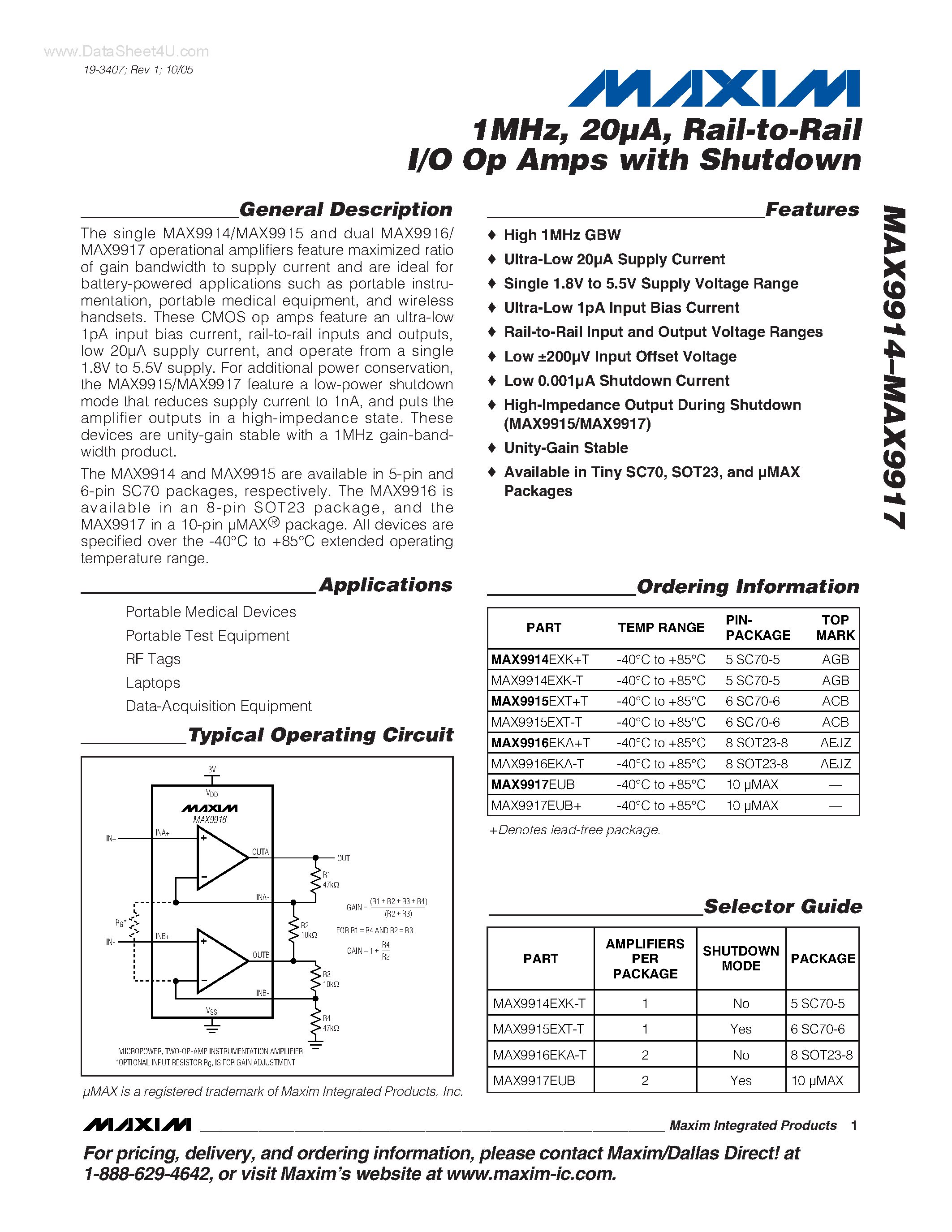 Datasheet MAX9914 - (MAX9914 - MAX9917) Rail-to-Rail I/O Op Amps page 1