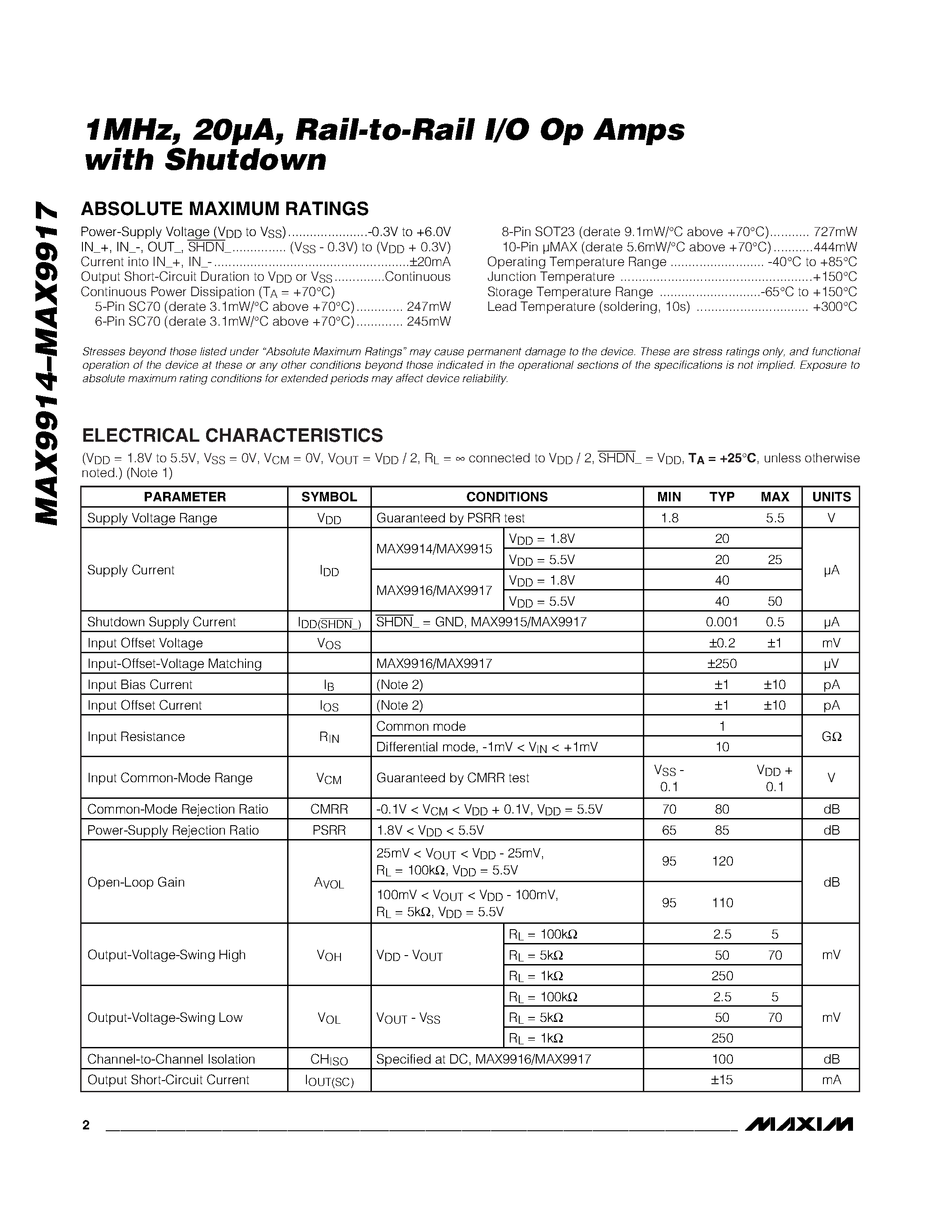 Datasheet MAX9914 - (MAX9914 - MAX9917) Rail-to-Rail I/O Op Amps page 2