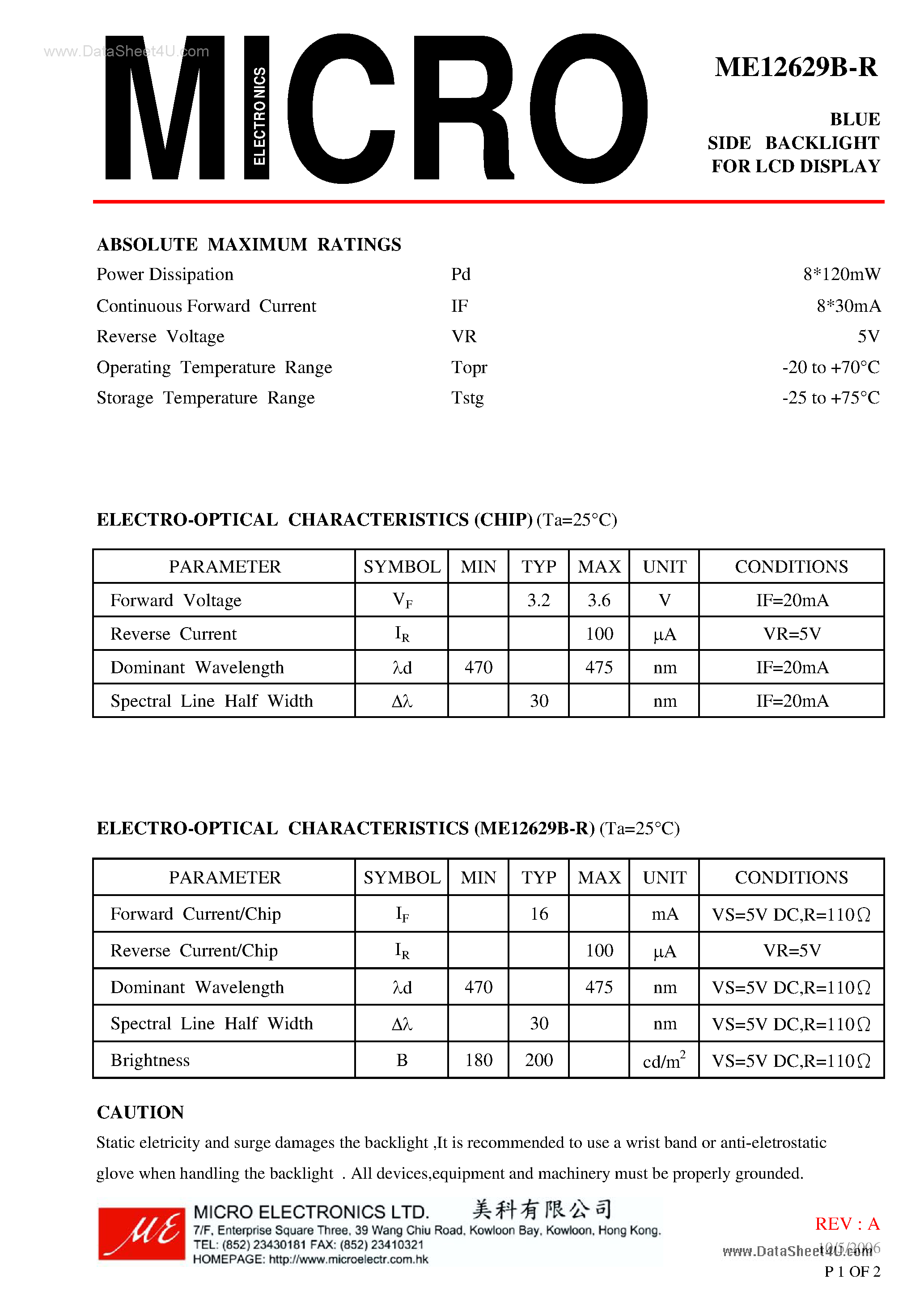 Datasheet ME12629B-R - BLUE SIDE BACKLIGHT page 1