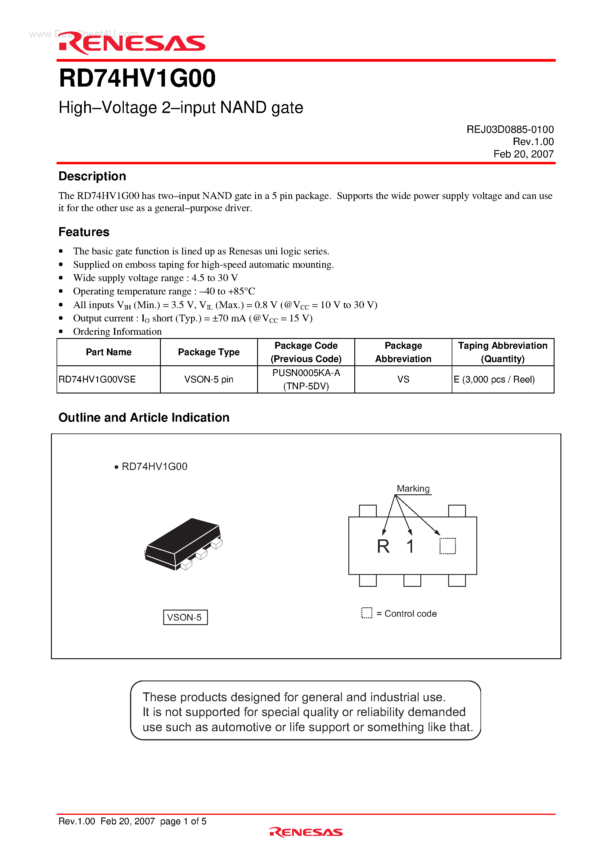 Даташит RD74HV1G00 - High-Voltage 2-input NAND gate страница 1