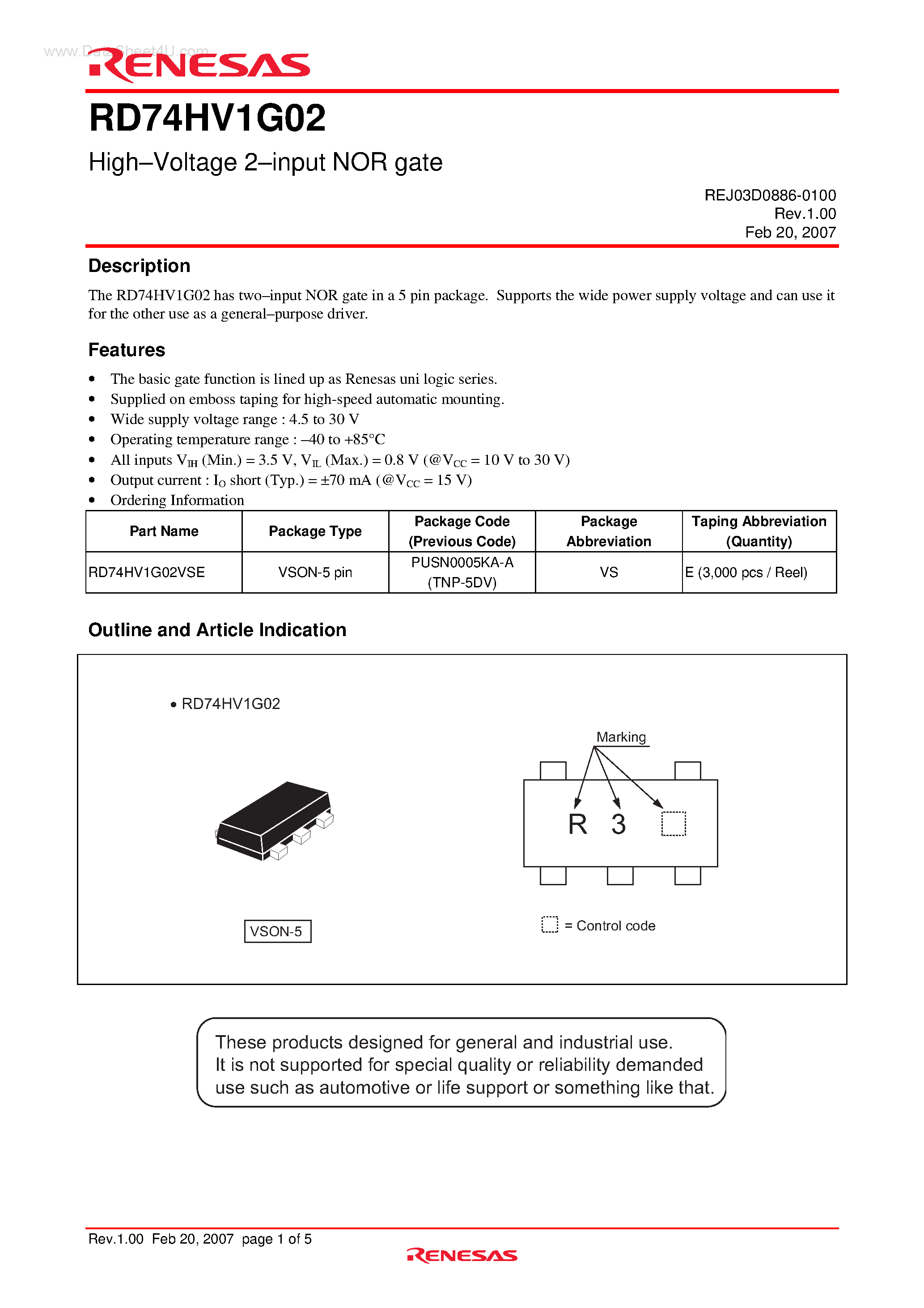 Даташит RD74HV1G02 - High-Voltage 2-input NOR gate страница 1