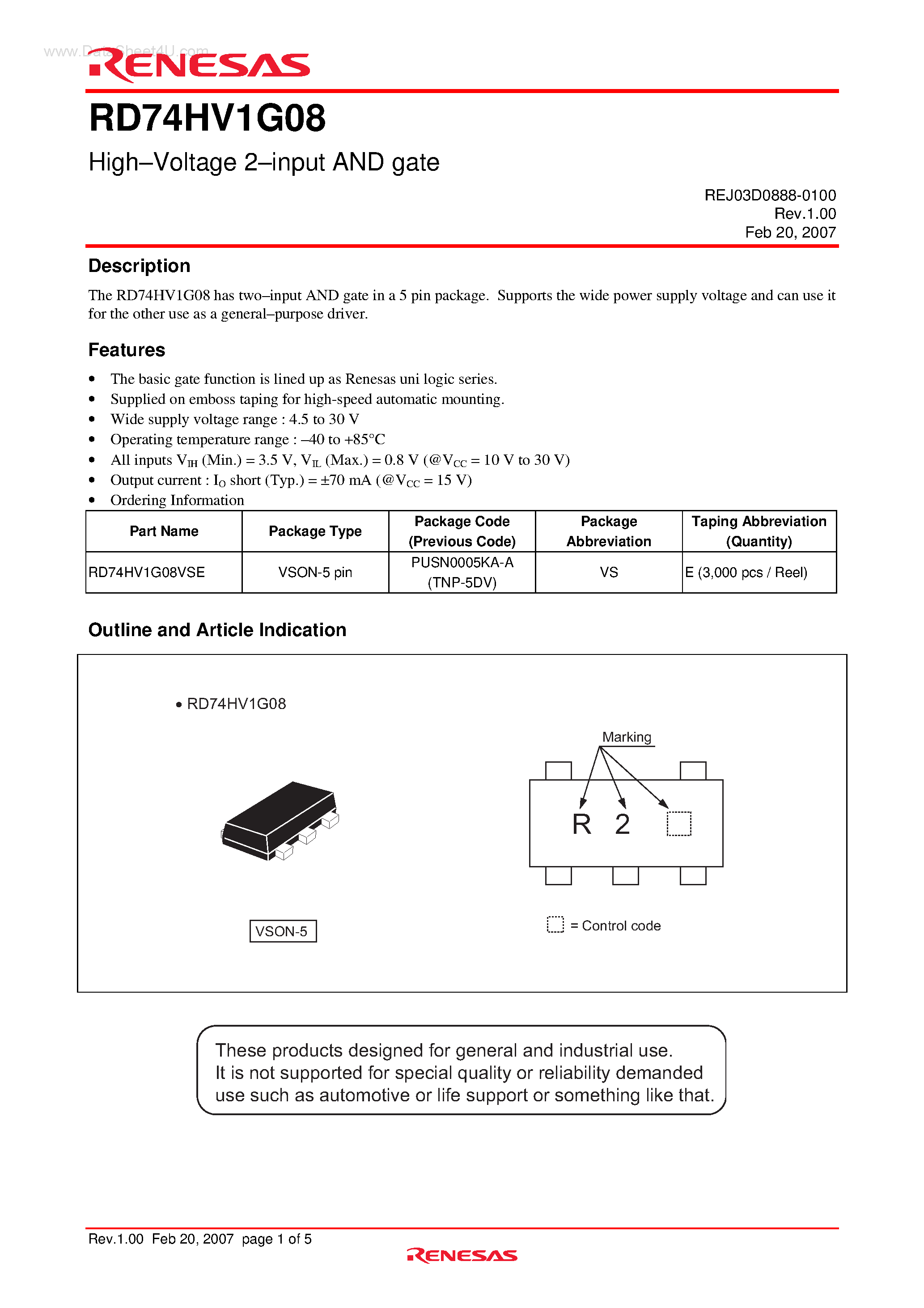 Даташит RD74HV1G08 - High-Voltage 2-input AND gate страница 1