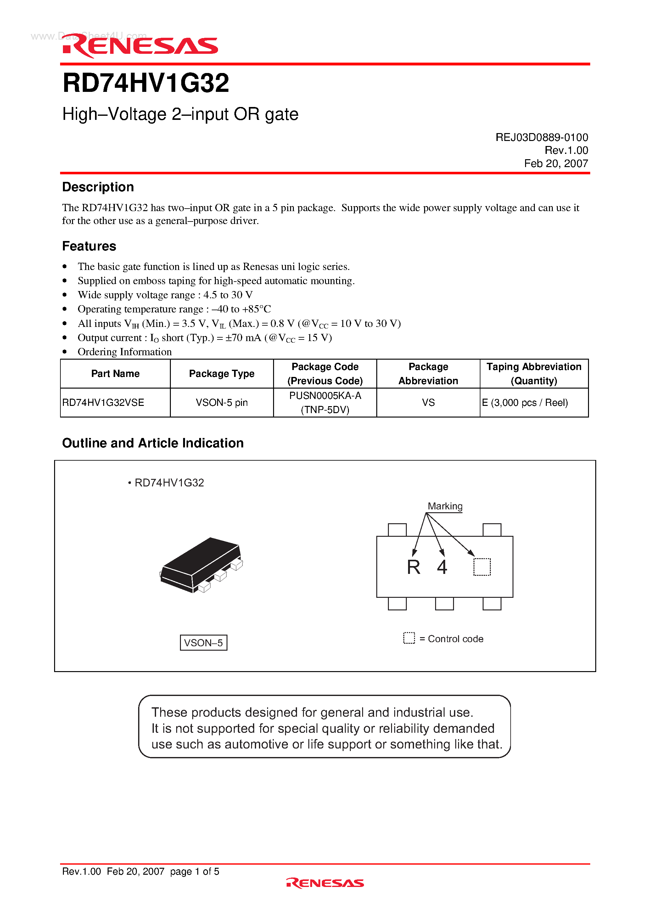 Даташит RD74HV1G32 - High-Voltage 2-input OR gate страница 1