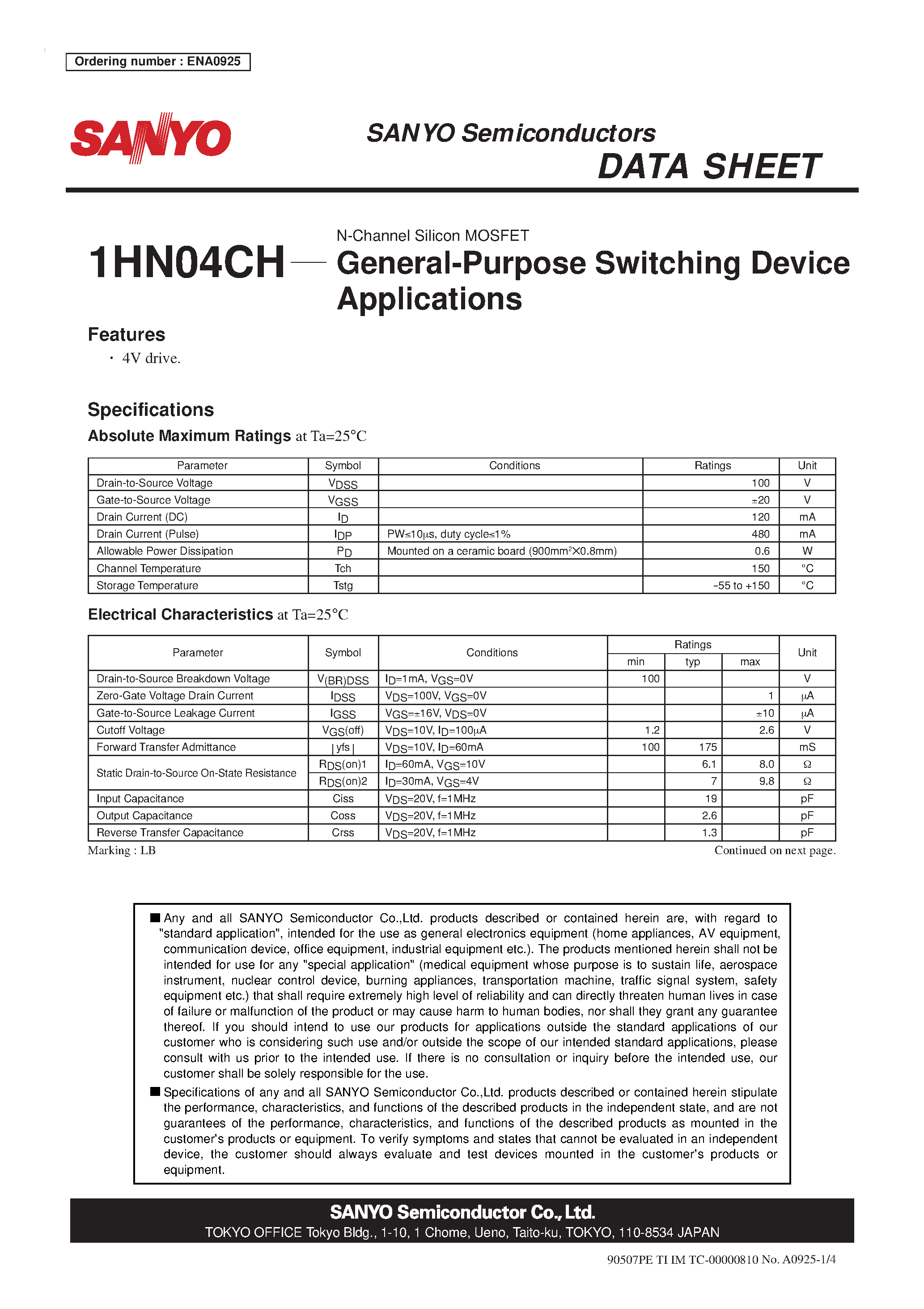 Даташит 1HN04CH - N-Channel Silicon MOSFET General-Purpose Switching Device Applications страница 1