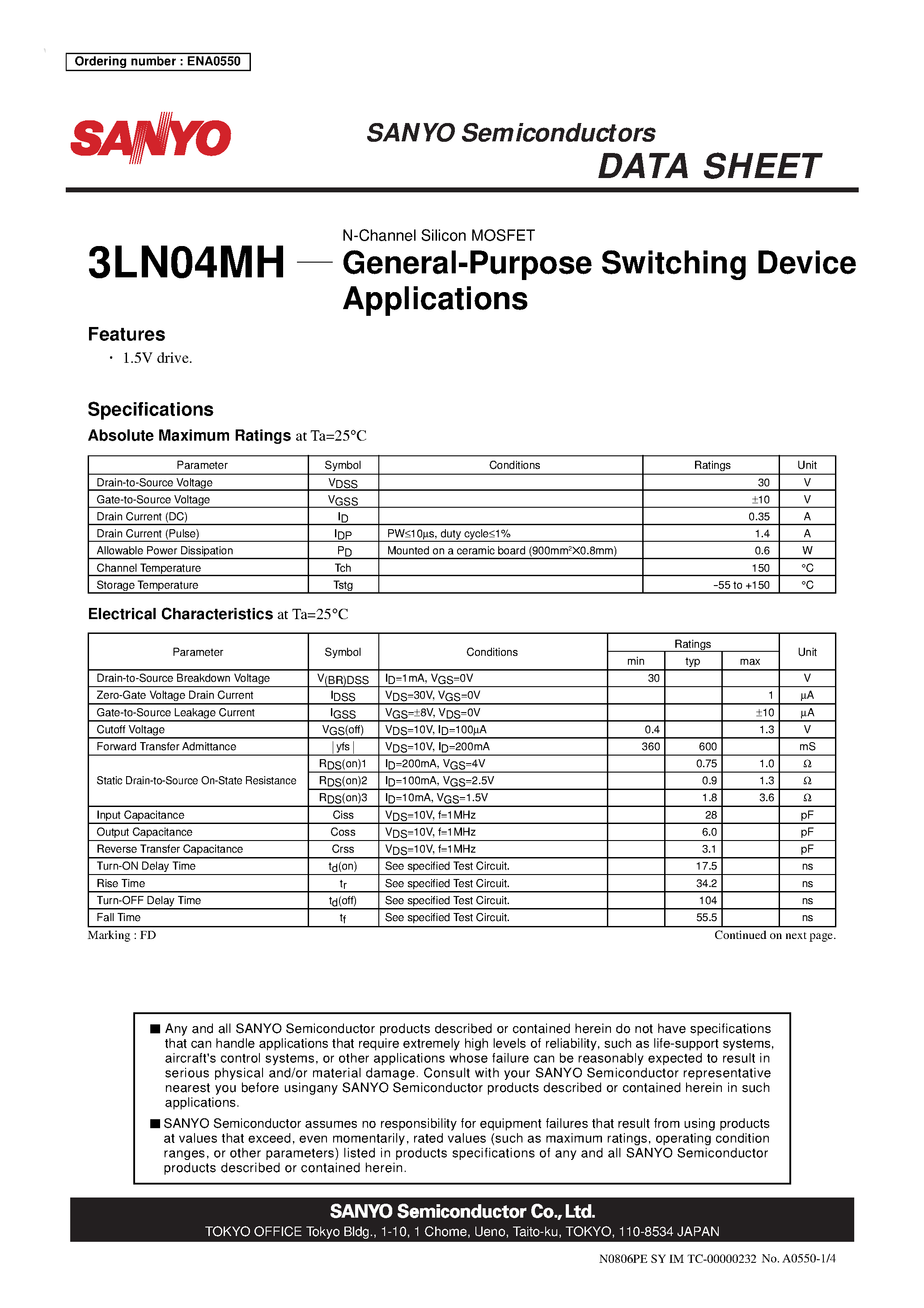 Даташит 3LN04MH - N-Channel Silicon MOSFET страница 1