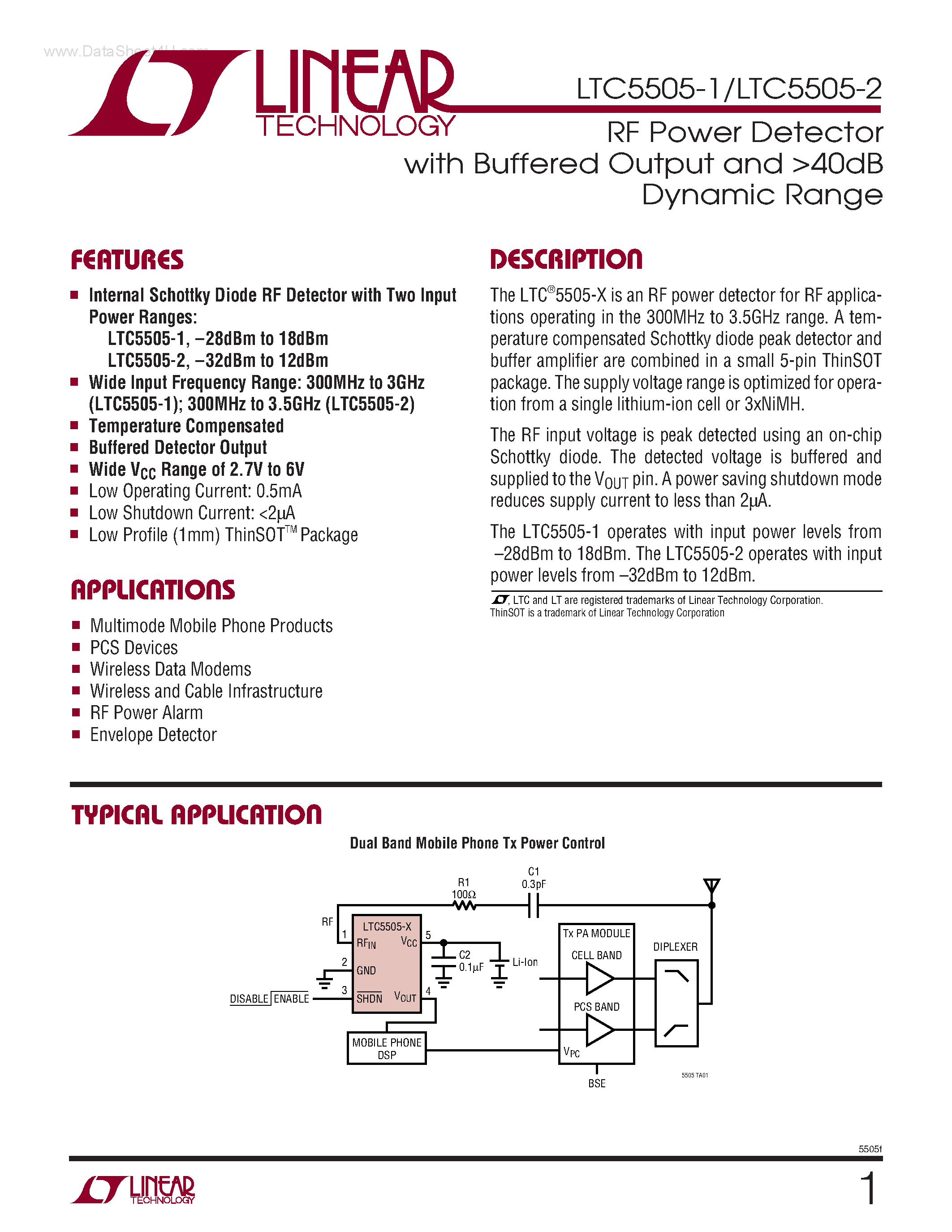 Даташит LTC5505-1 - (LTC5505-1/-2) RF Power Detector страница 1