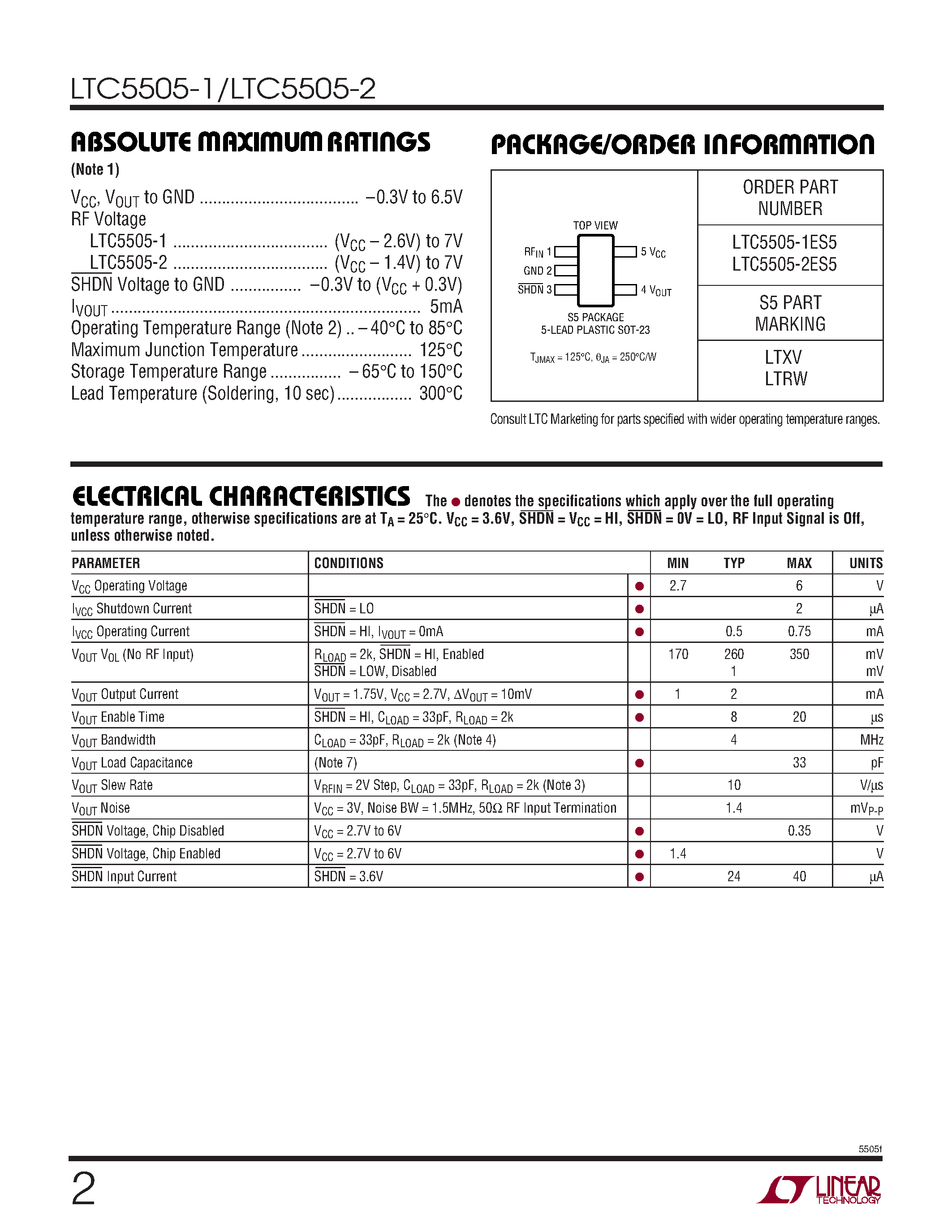 Даташит LTC5505-1 - (LTC5505-1/-2) RF Power Detector страница 2